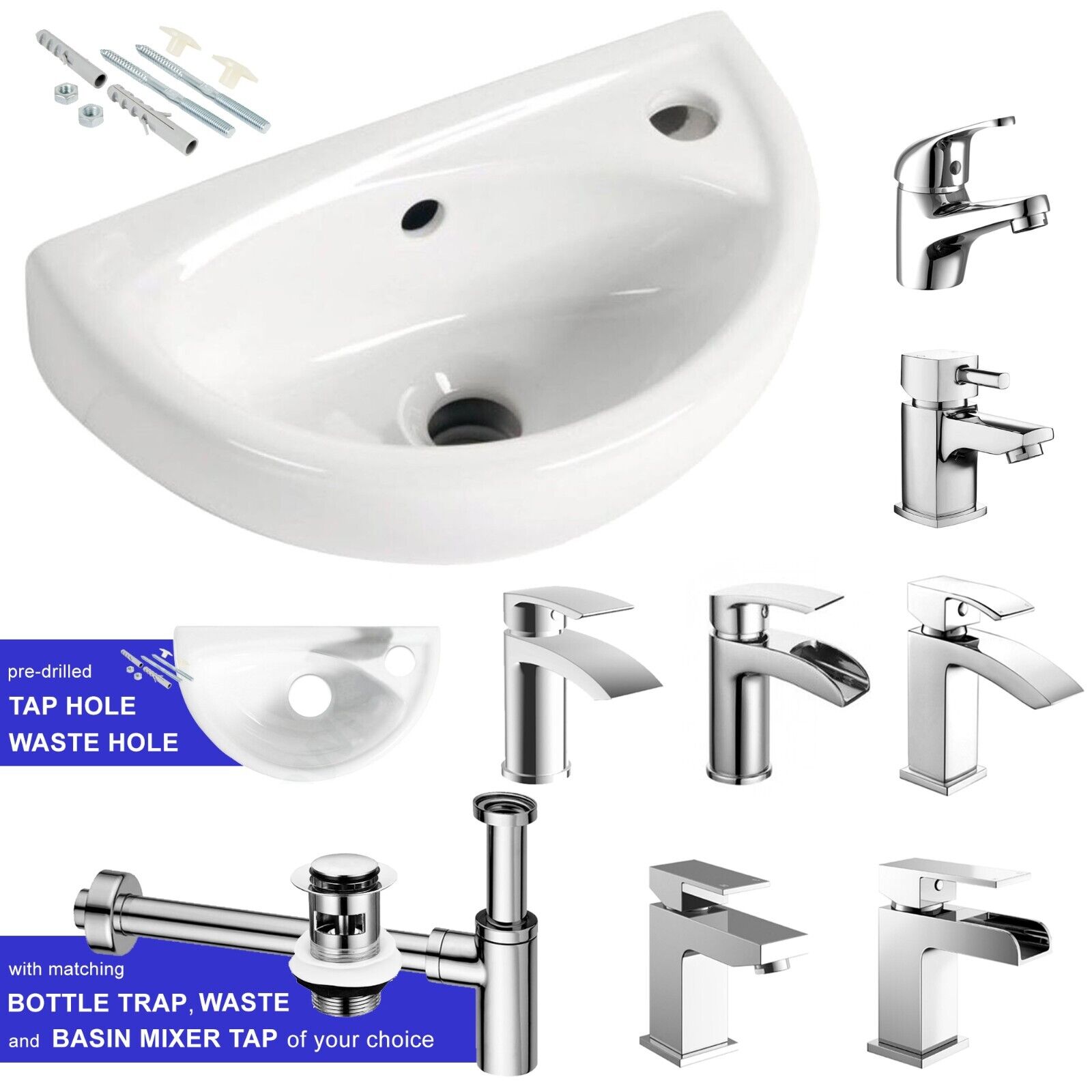 Cloakroom Wall Hung Basin Wash Sink Compact Chrome Tap & Bottle Trap Waste Set image 1