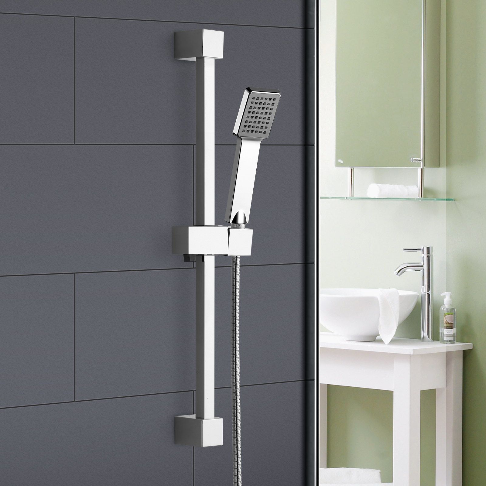 SQUARE SHOWER RISER SLIDE RAIL BAR SET HOSE BRACKET HAND SHOWER HEAD KIT CHROME image 1