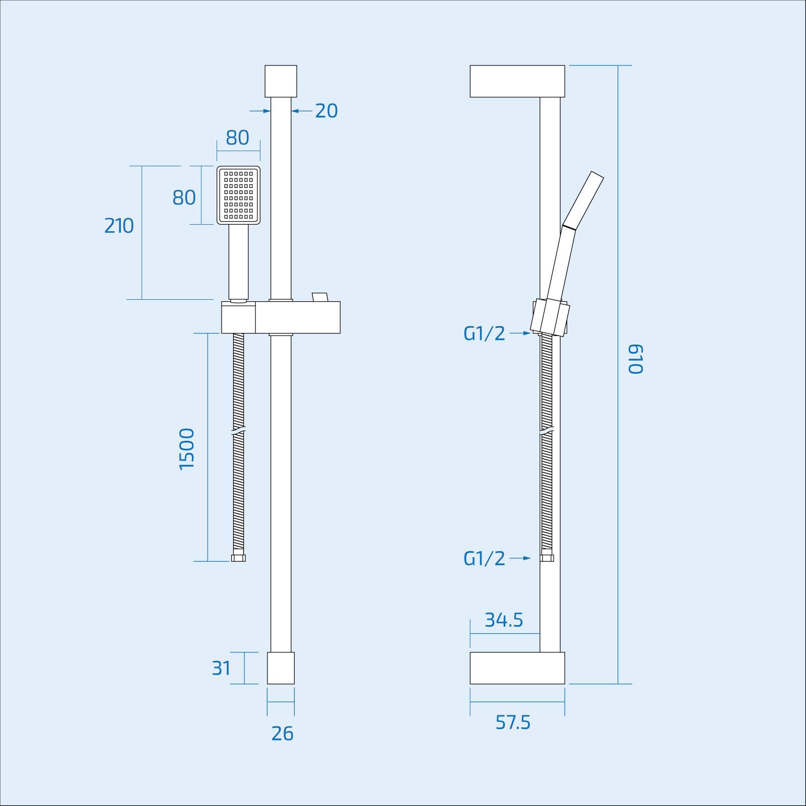 SQUARE SHOWER RISER SLIDE RAIL BAR SET HOSE BRACKET HAND SHOWER HEAD KIT CHROME image 4