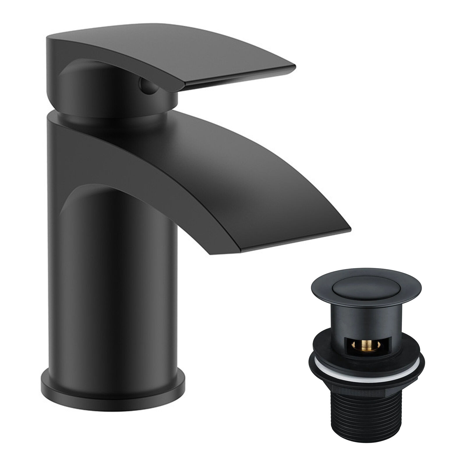Black Matt Sleek Waterfall Basin Mono Mixer Tap Incl Clicker Slotted Waste image 1