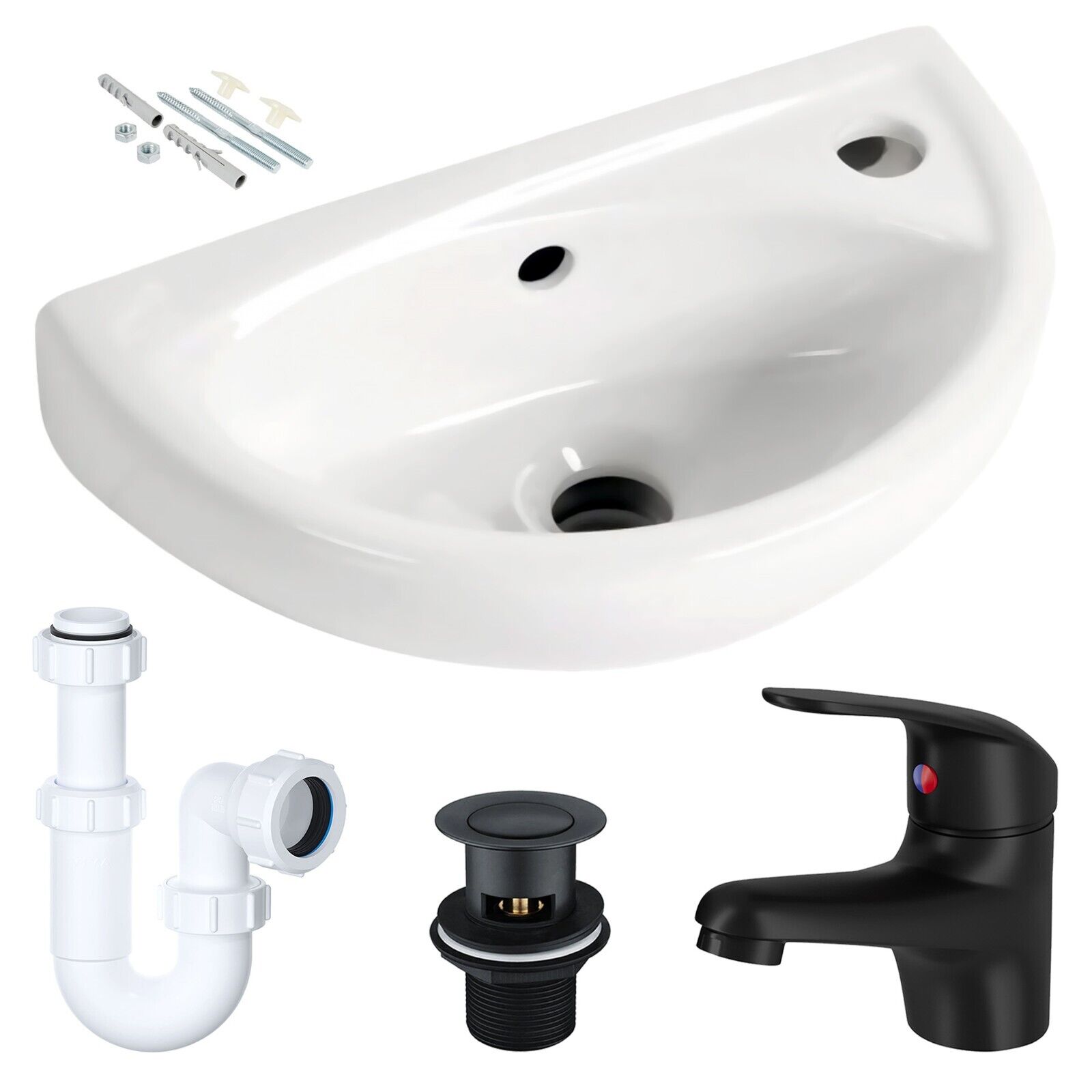 Small Compact Wall Hung Bathroom Basin Sink with Matt Black Tap, Waste & P-Trap image 1