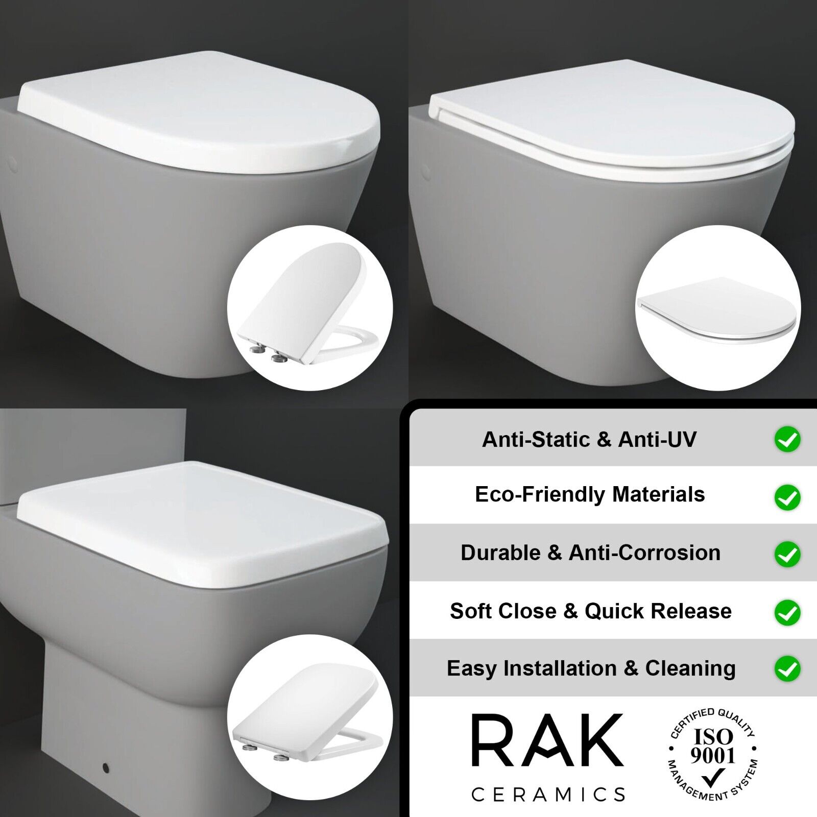 RAK Toilet Seat Soft Close Quick Release D Shape Square Resort Series 600 White image 1