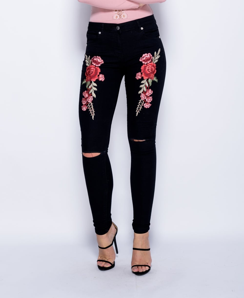 Ladies New Black Floral Embroidered Ripped Knee Skinny Flower Jeans | eBay