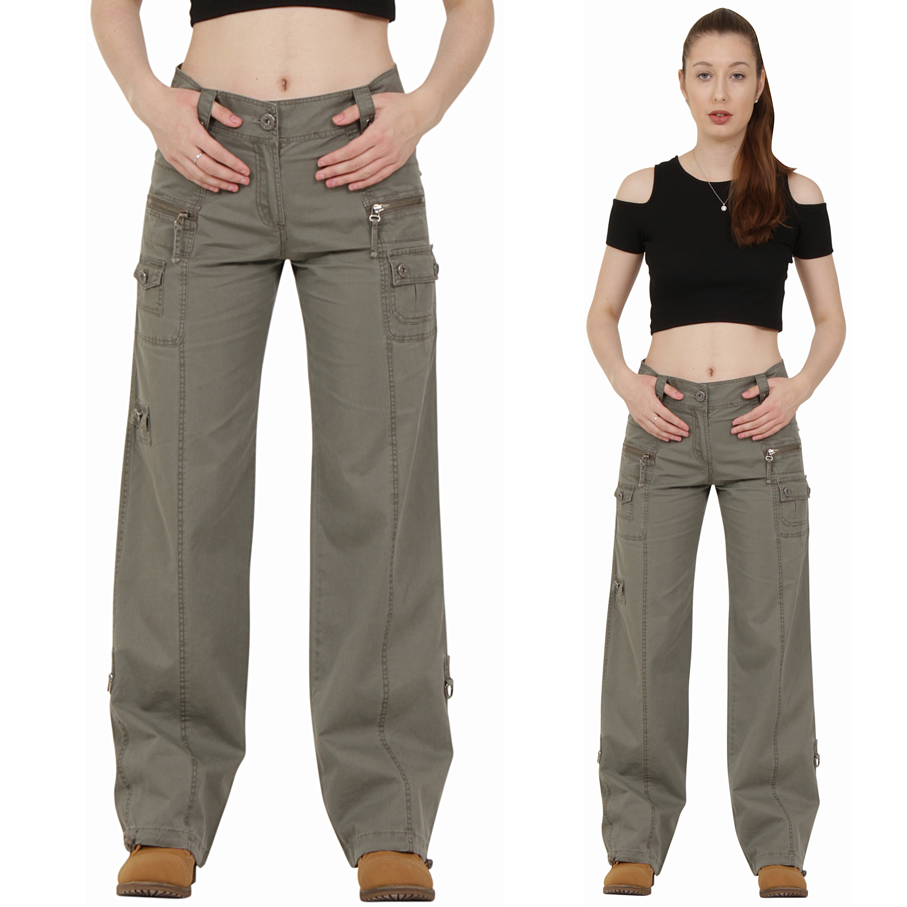 New Ladies Womens Army Green Cotton Wide Loose Leg Cargo Pants Combat ...