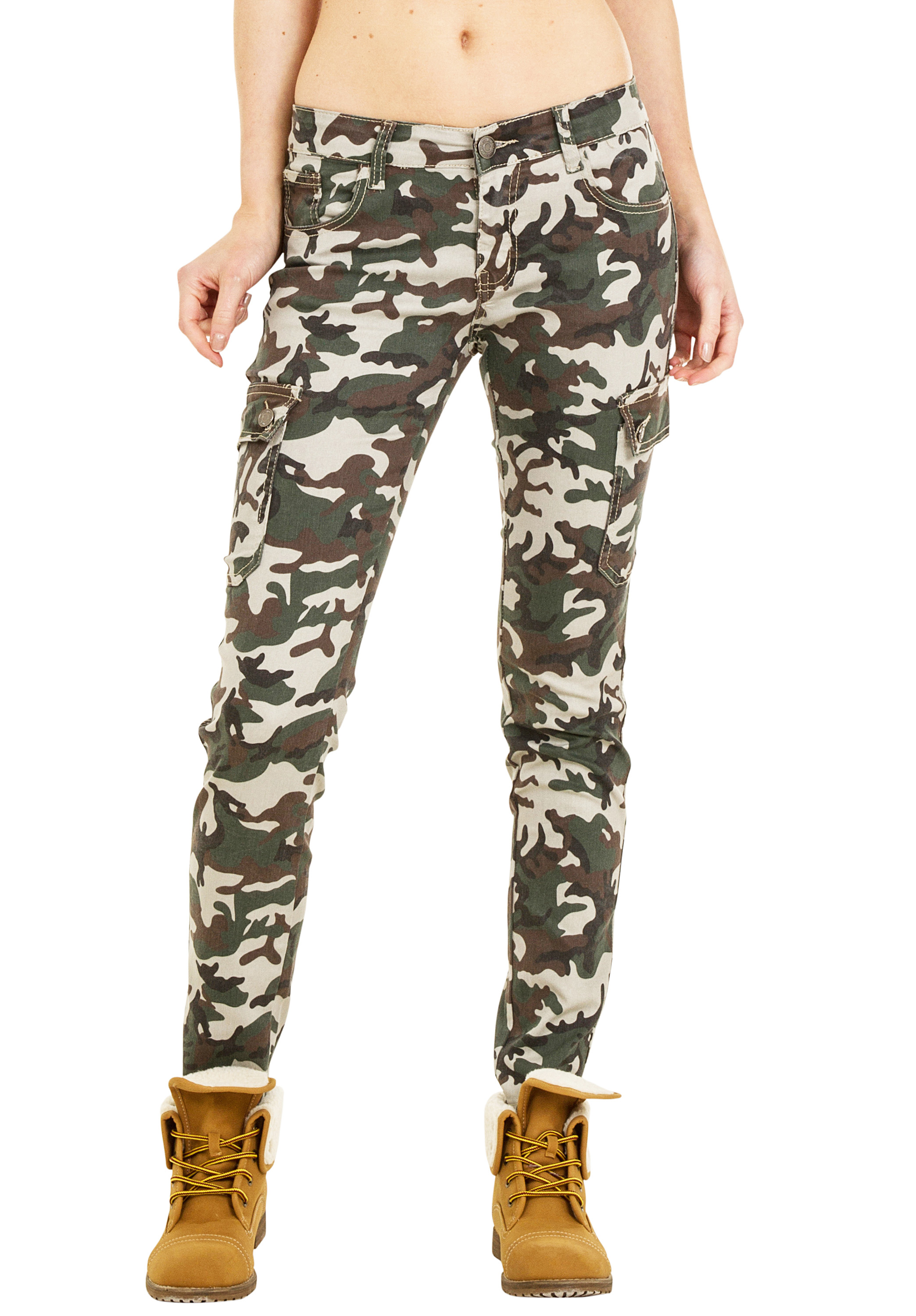 Womens Green Camouflage Low Rise Slim Skinny Stretch Combat Trousers ...