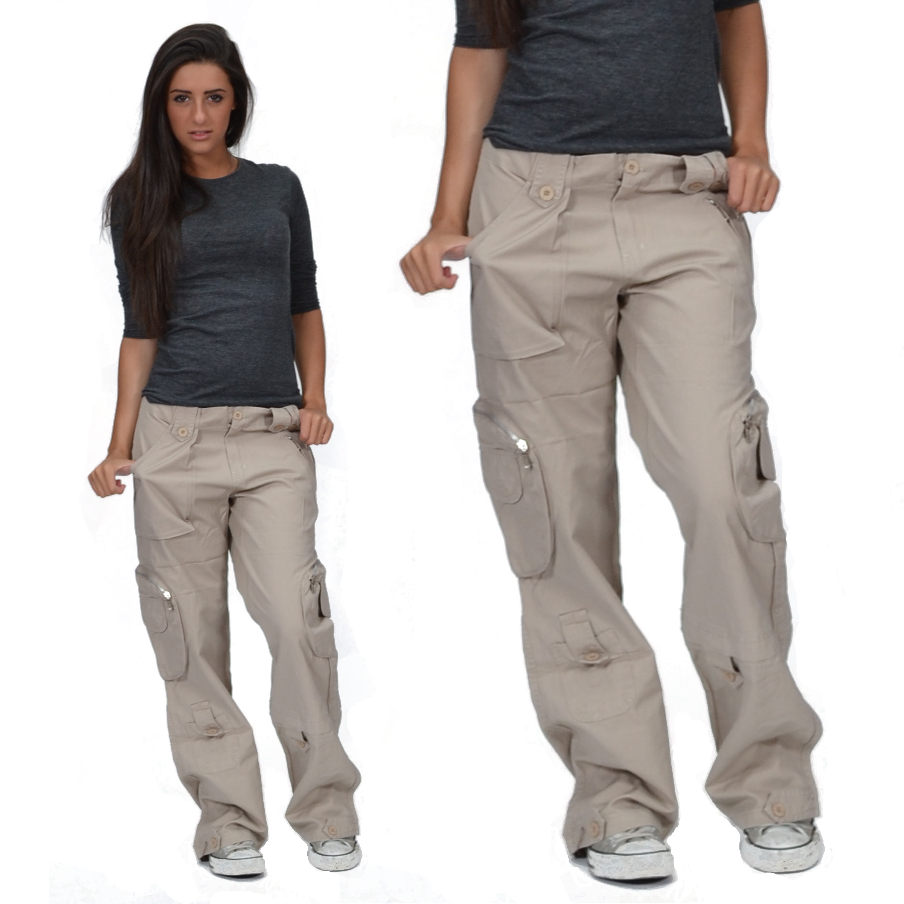 New Ladies Womens Beige Wide Loose Cargo Combat Trousers Jeans ...