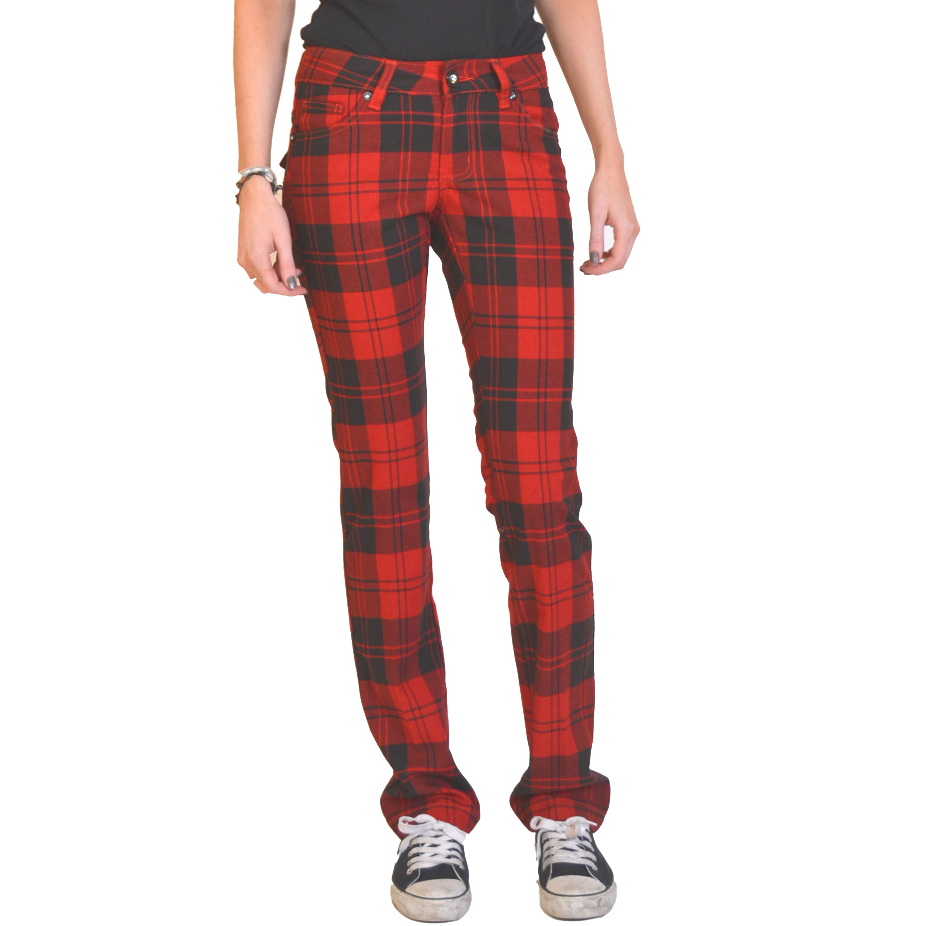 Ladies womens red & black tartan pants red plaid punk rockability ...