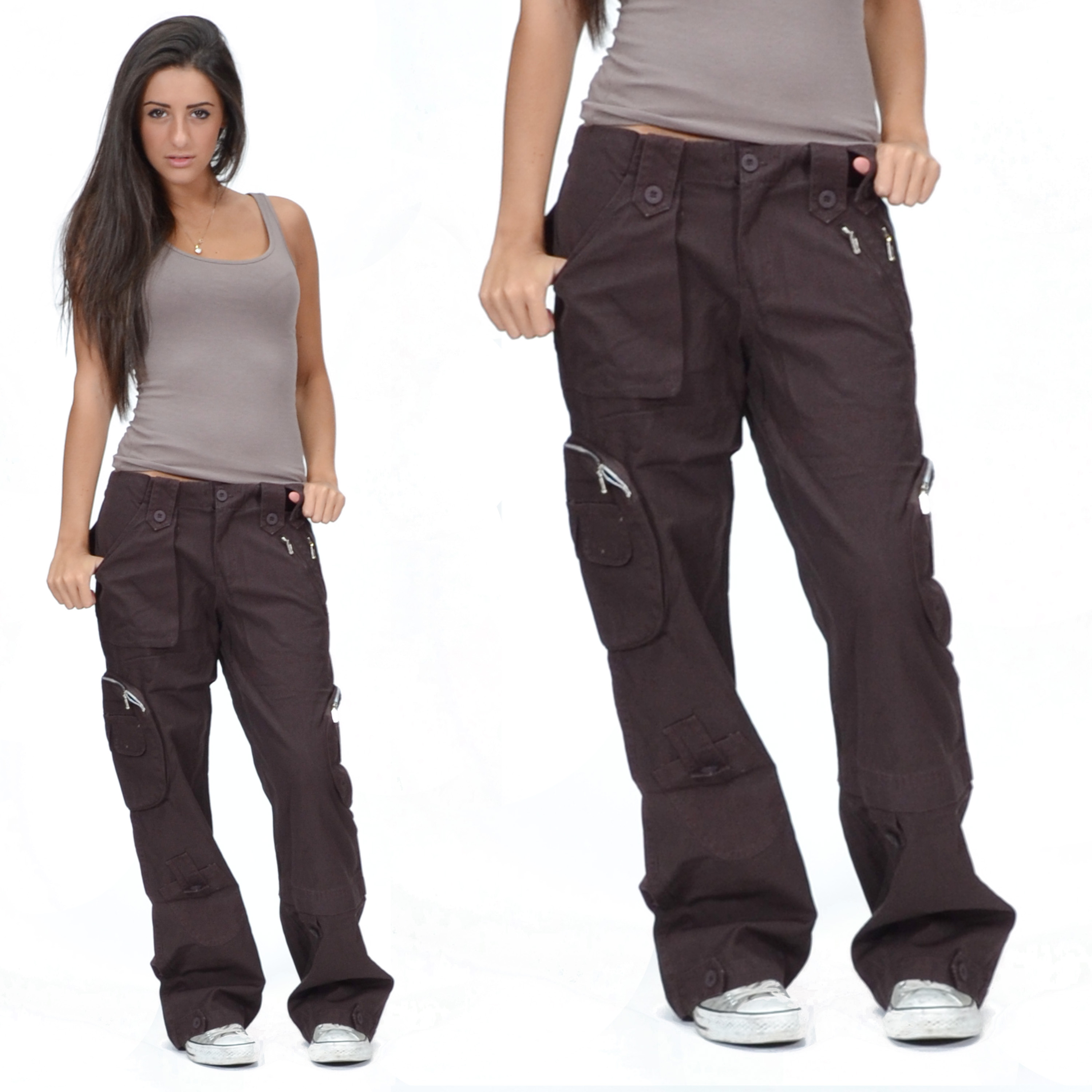New Ladies Womens Brown Wide Loose Cargo Combat Trousers Jeans ...