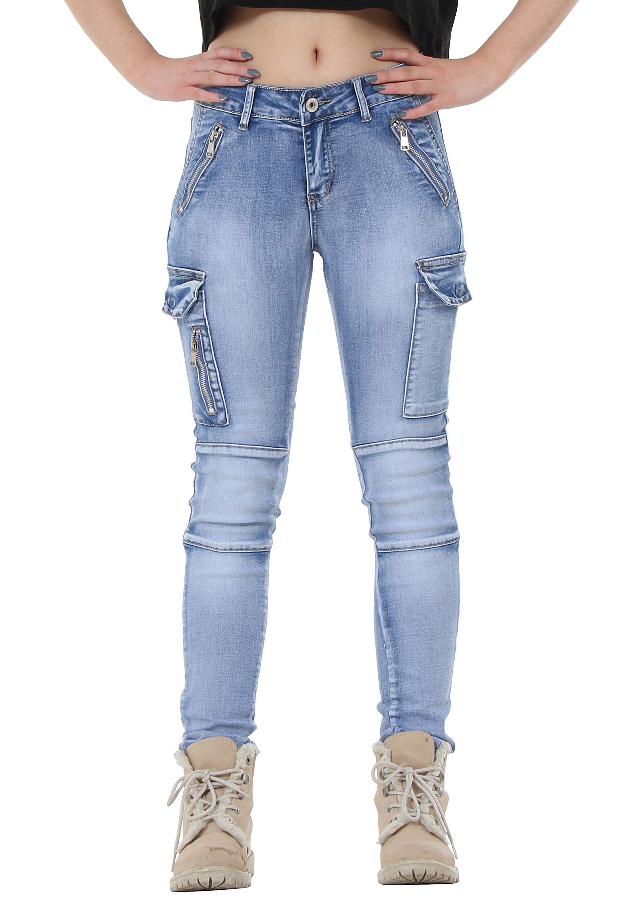 Womens Blue Faded Slim Skinny Stretch Combat Jeans Denim Cargo Trousers ...