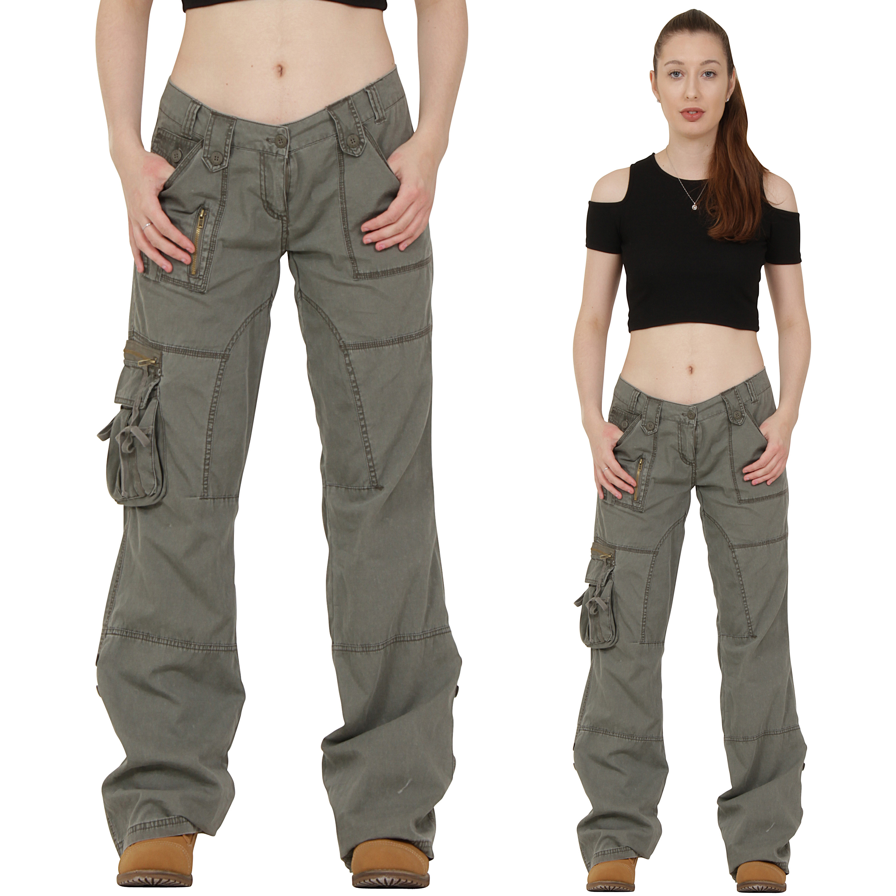 New Womens Army Miltary Style Green Wide Loose Leg Combat Trousers ...