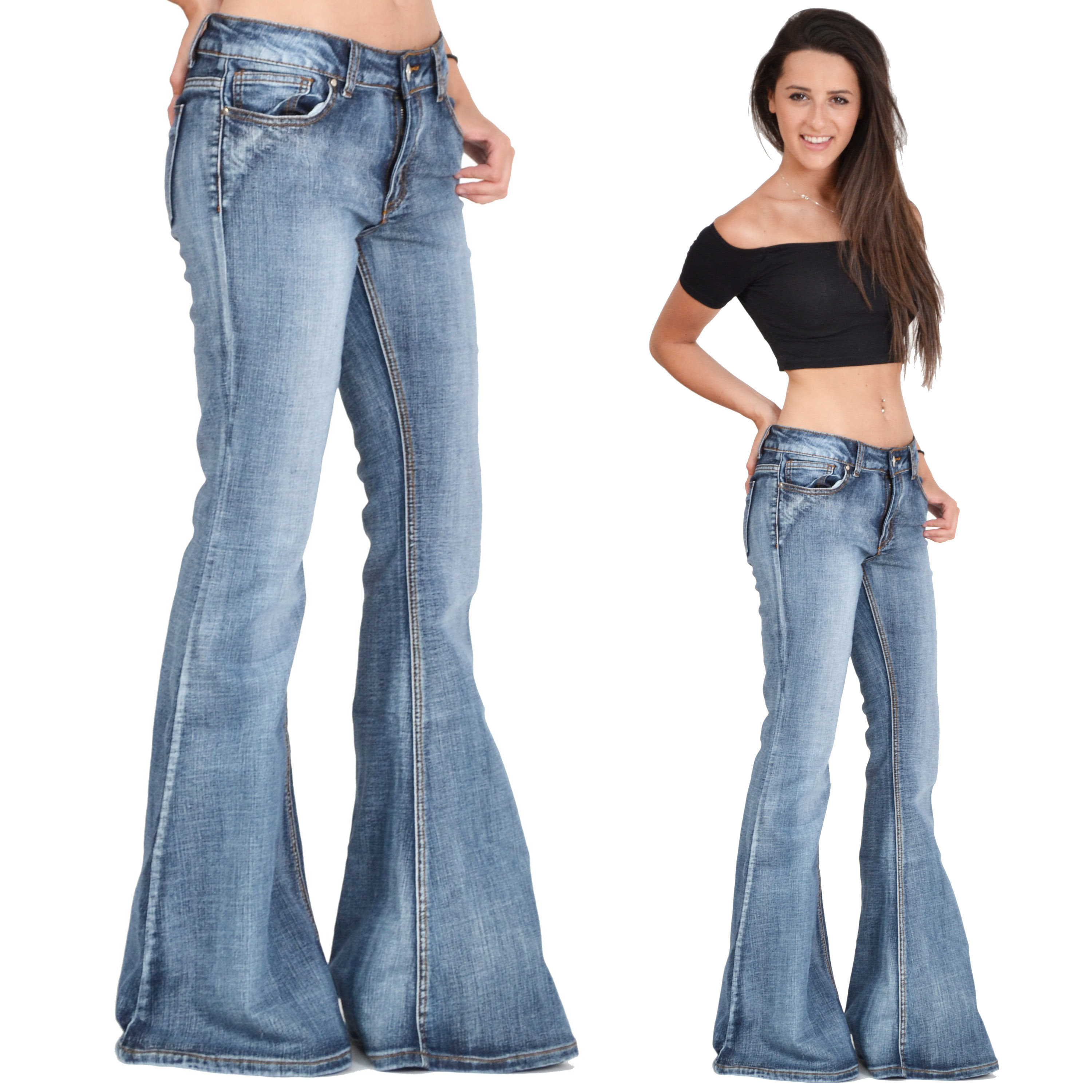 New Womens 60s 70s Blue Faded Bell Bottoms Hippy Denim Flares Wide ...