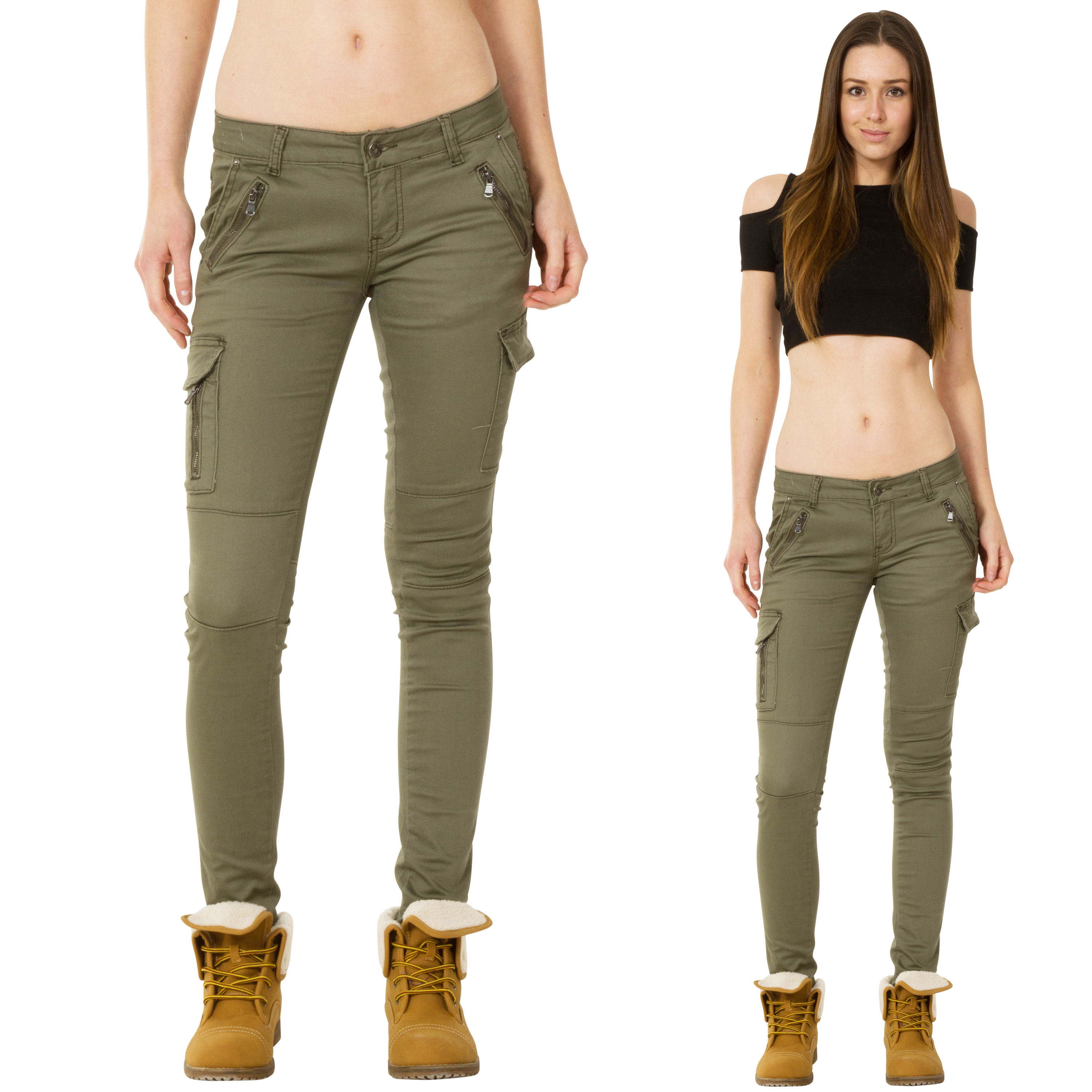 New Womens Low Rise Green Slim Skinny Stretch Combat Pants Cargo ...