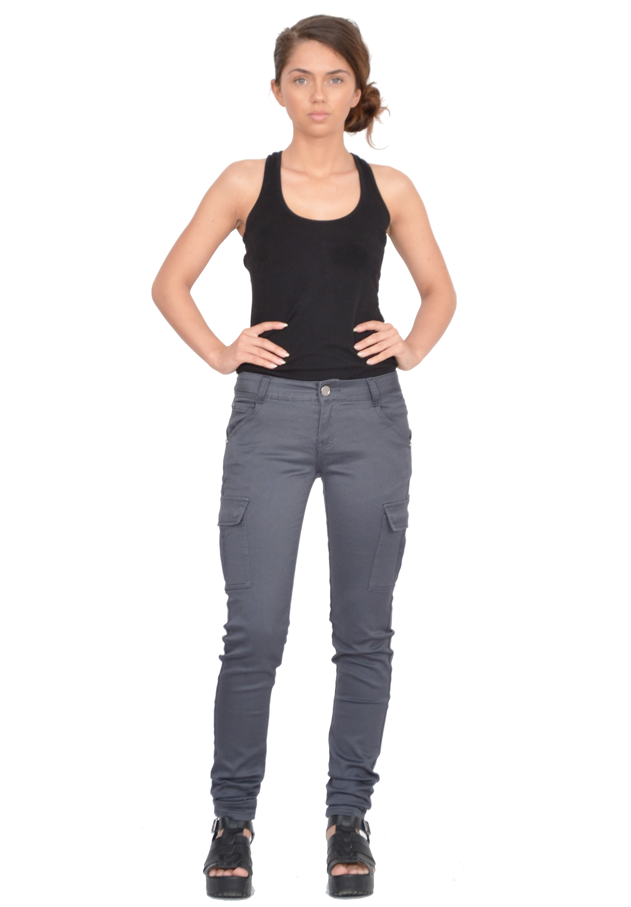 New Womens Grey Slim Fitted Combat Pants Skinny Cargo Trousers ...