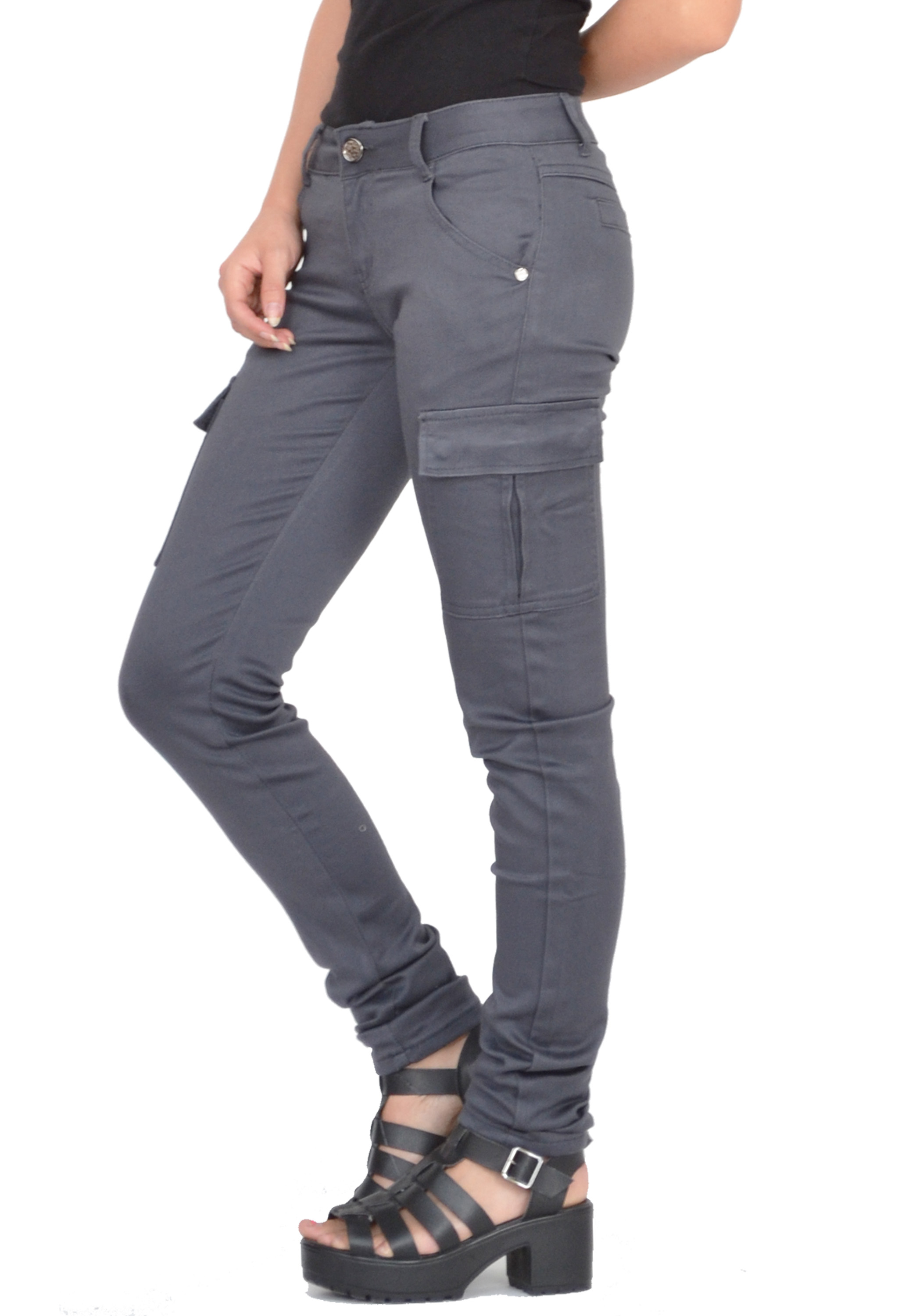 New Womens Grey Slim Fitted Combat Pants Skinny Cargo Trousers ...