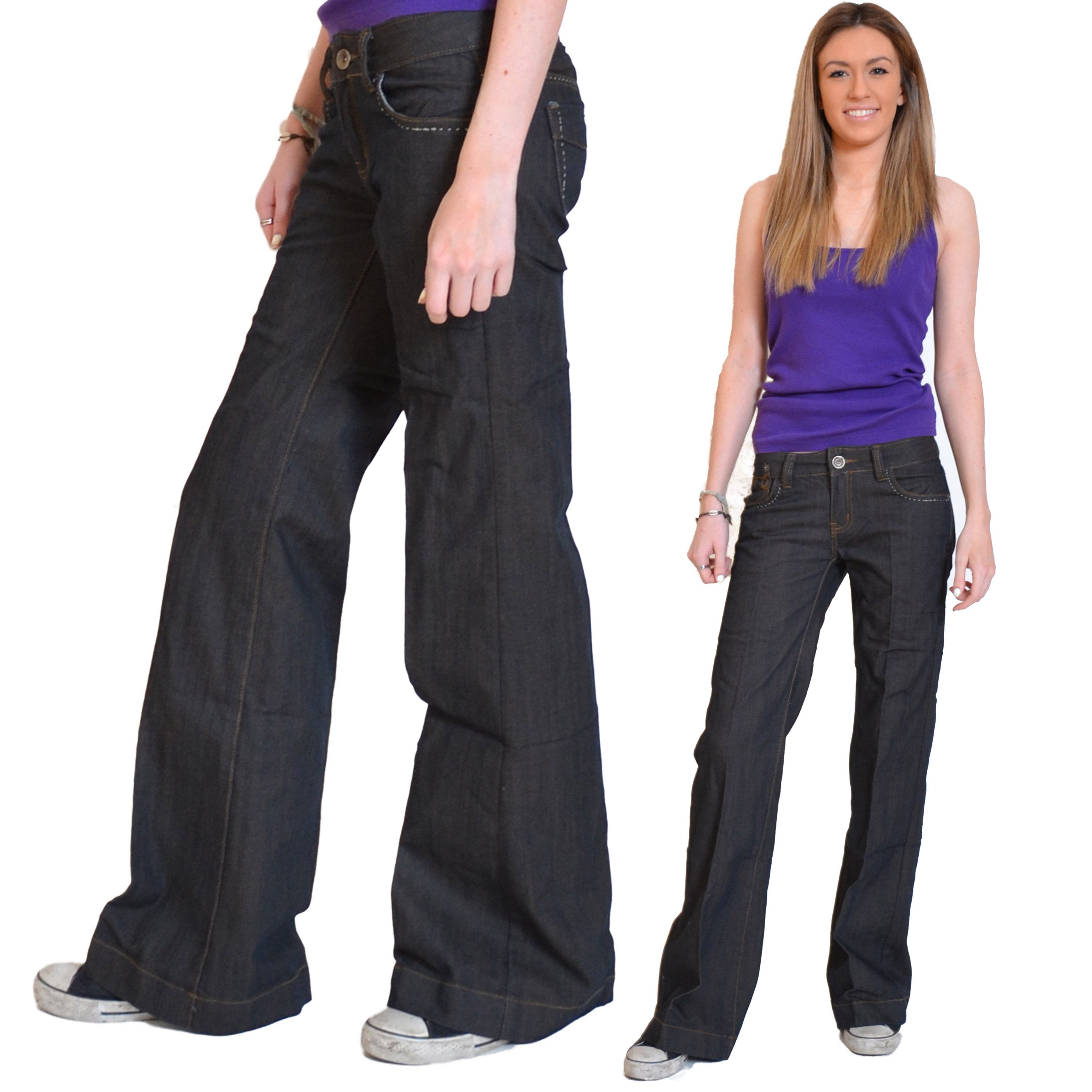 New Ladies Womens Dark 60s 70s Wide Flared Hipster Jeans Denim ...