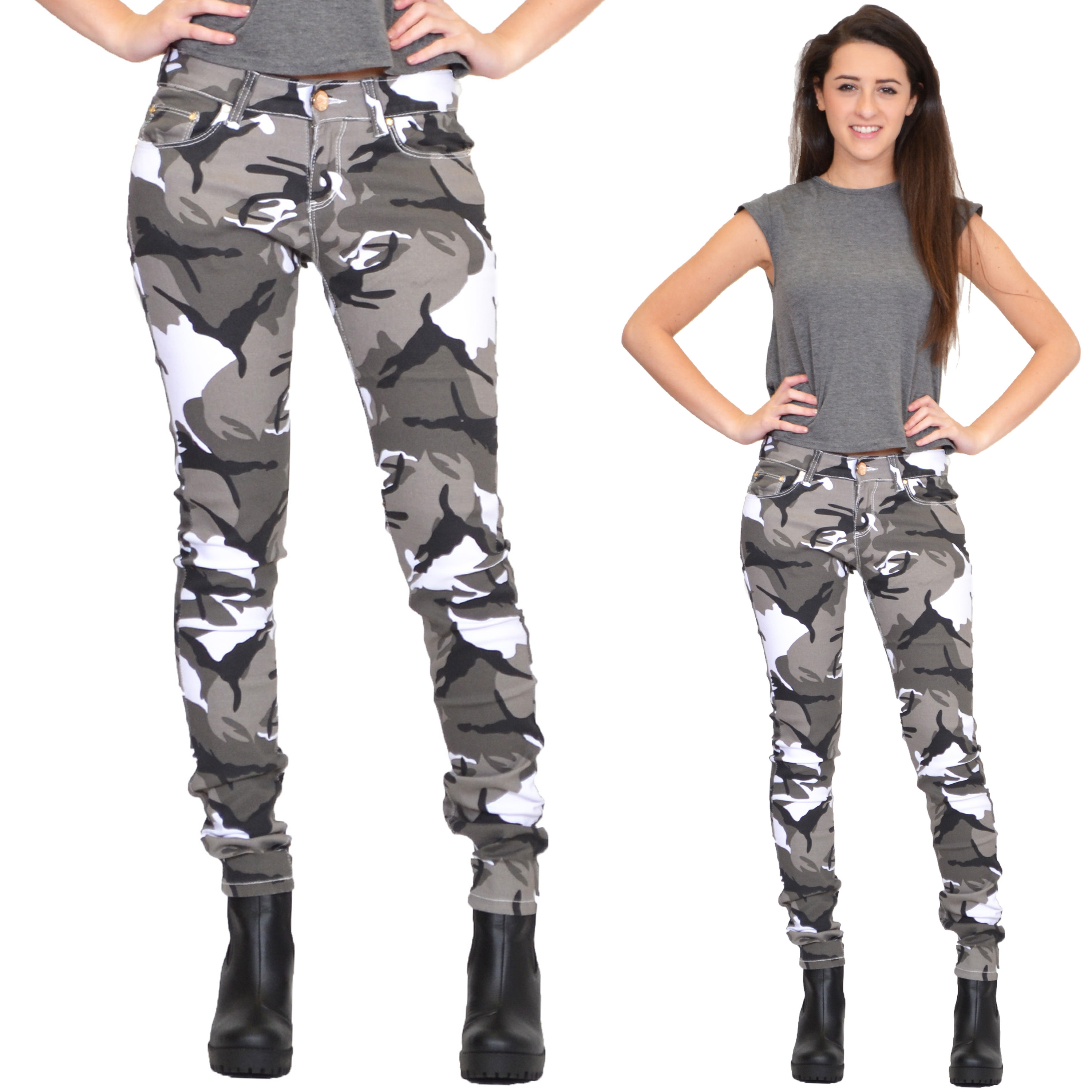New Womens Army Military White Khaki Camouflage Skinny Slim Jeans Pants ...