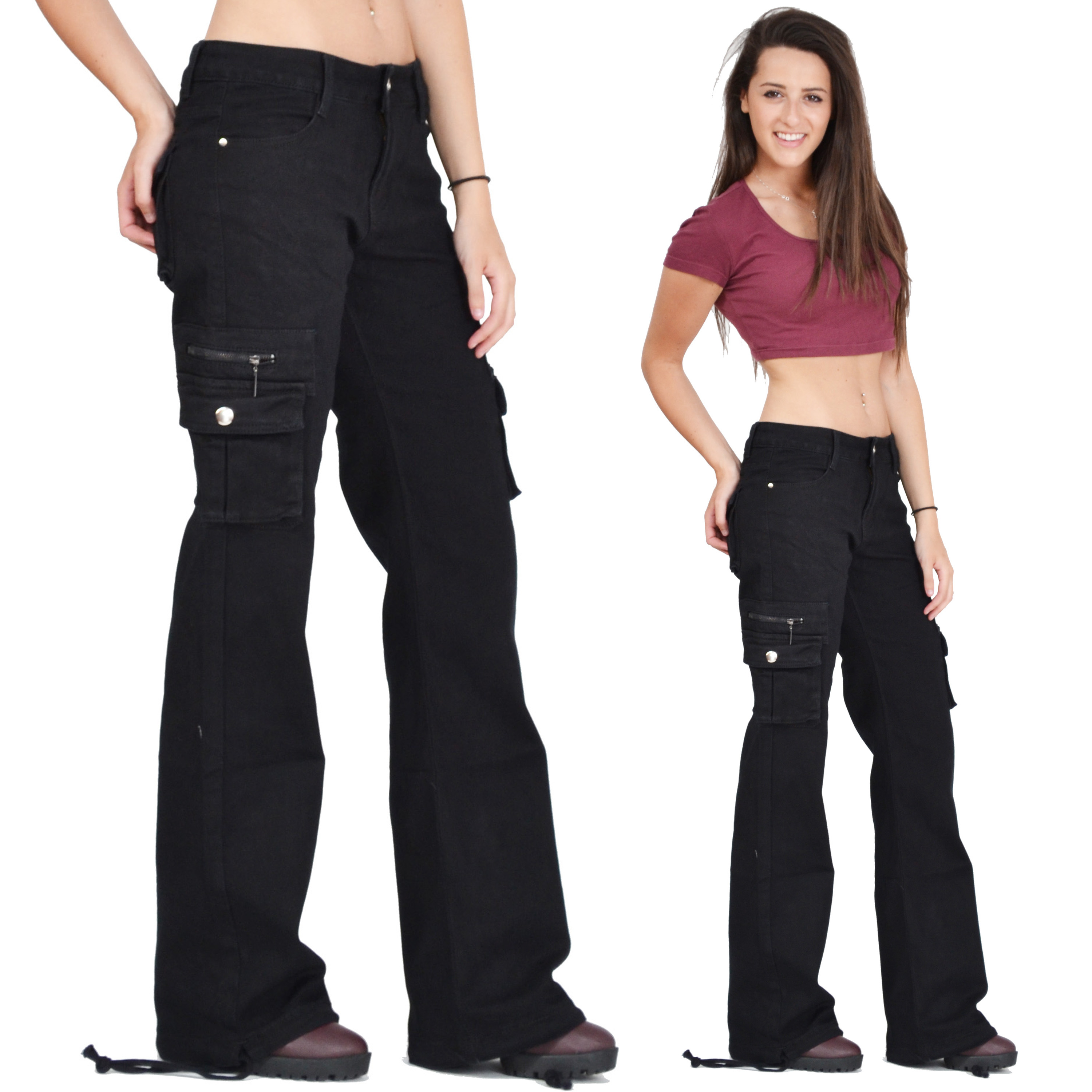 New Womens Ladies Black Wide Loose Combat Trousers Cargo Jeans ...