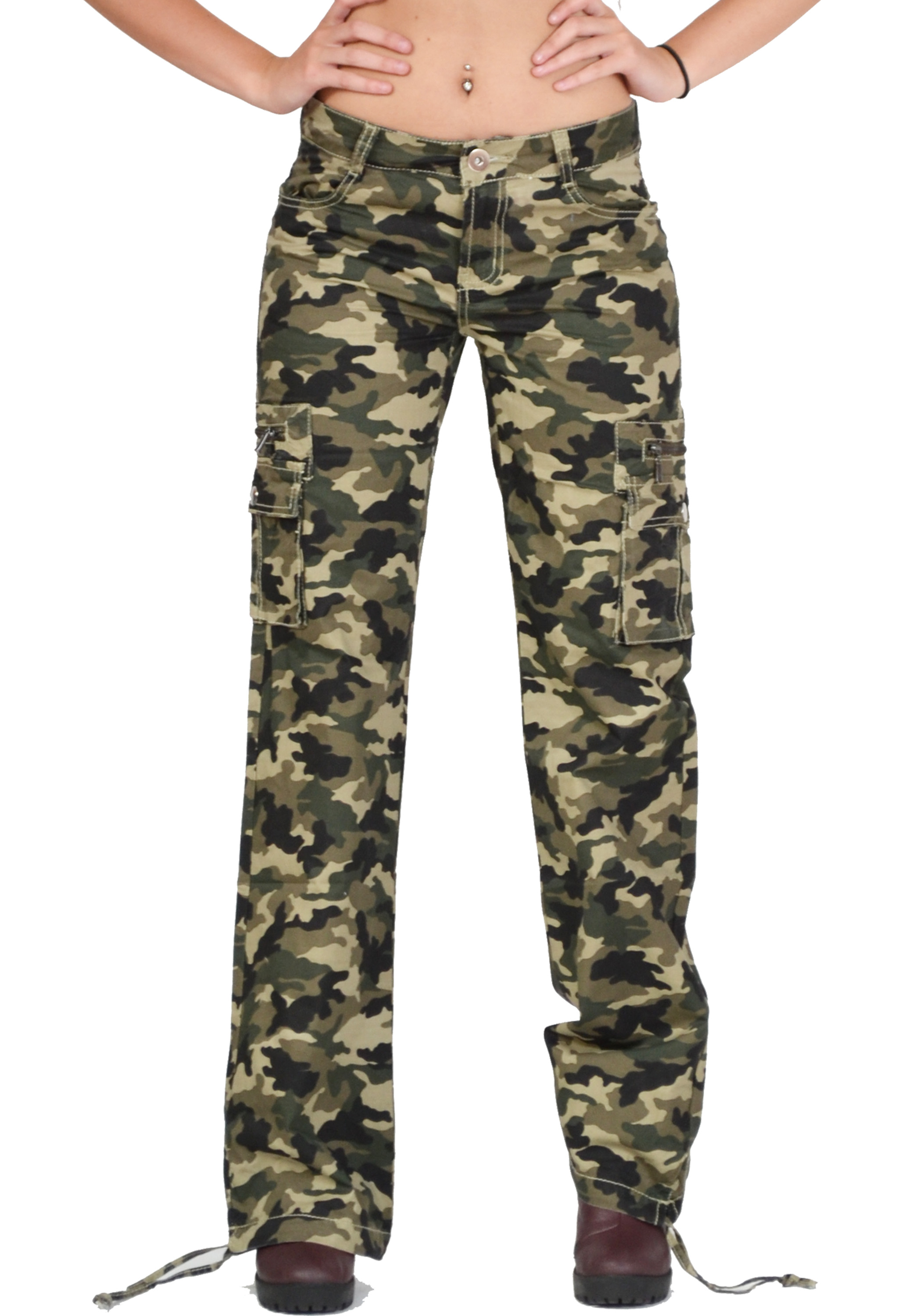New Ladies Womens Army Green Camouflage Wide Combat Trousers Cargo ...
