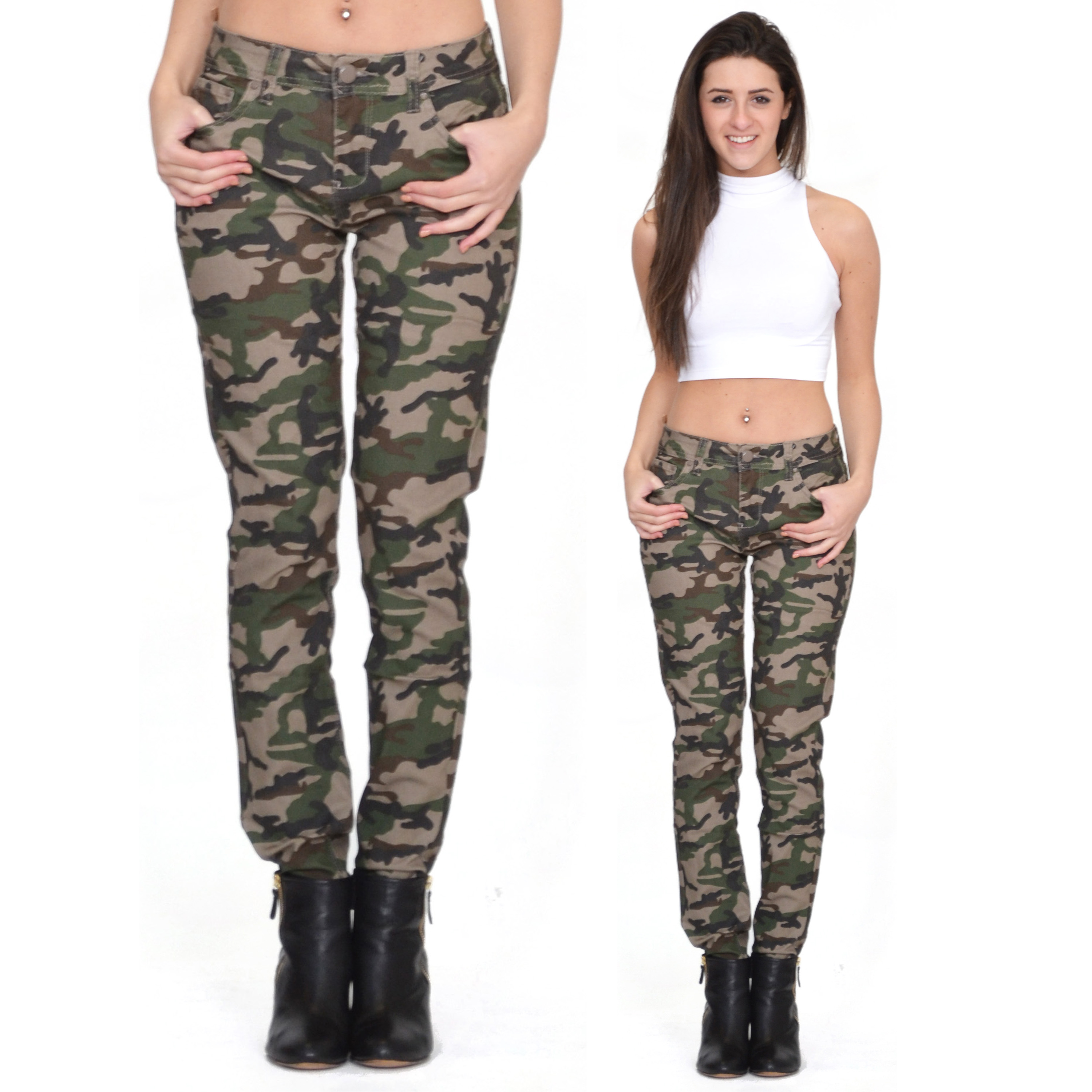 Army Military Green Camouflage Skinny Slim Fitted Stretch Jeans Pants ...