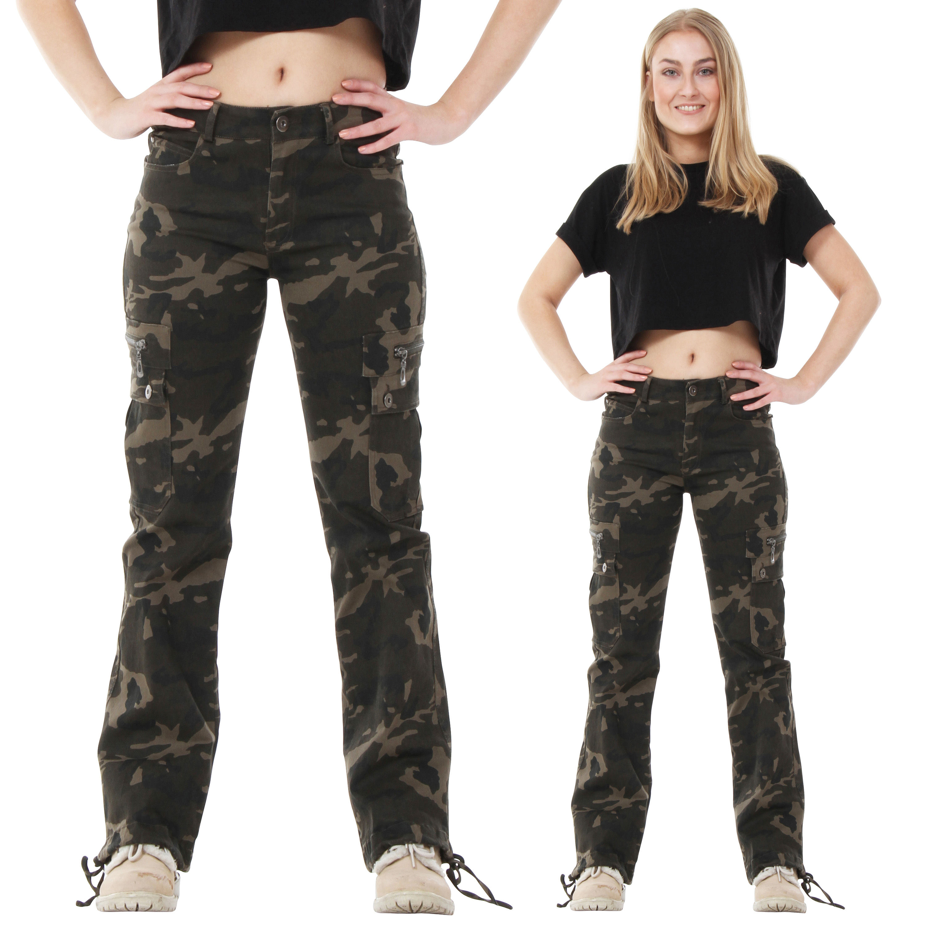 Womens Army Military Green Camouflage Wide Leg Cargo Pants Jeans Combat ...