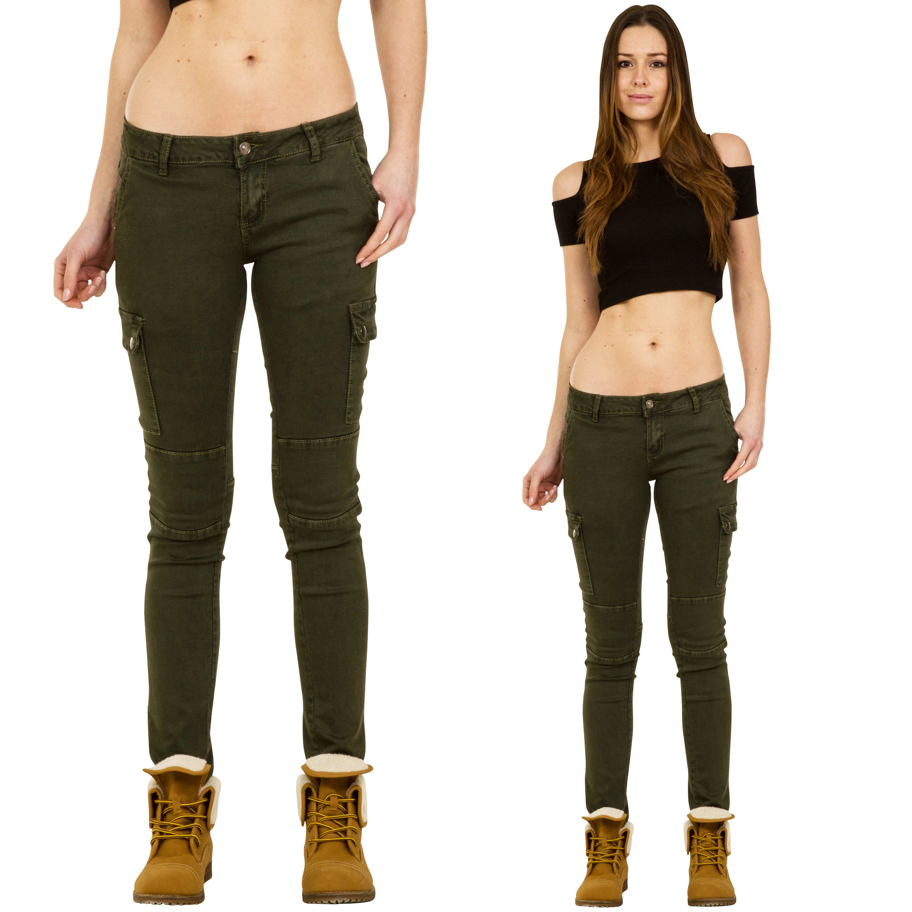 New Womens Slim Skinny Stretch Dark Green Low Rise Cargo Pants Combat ...