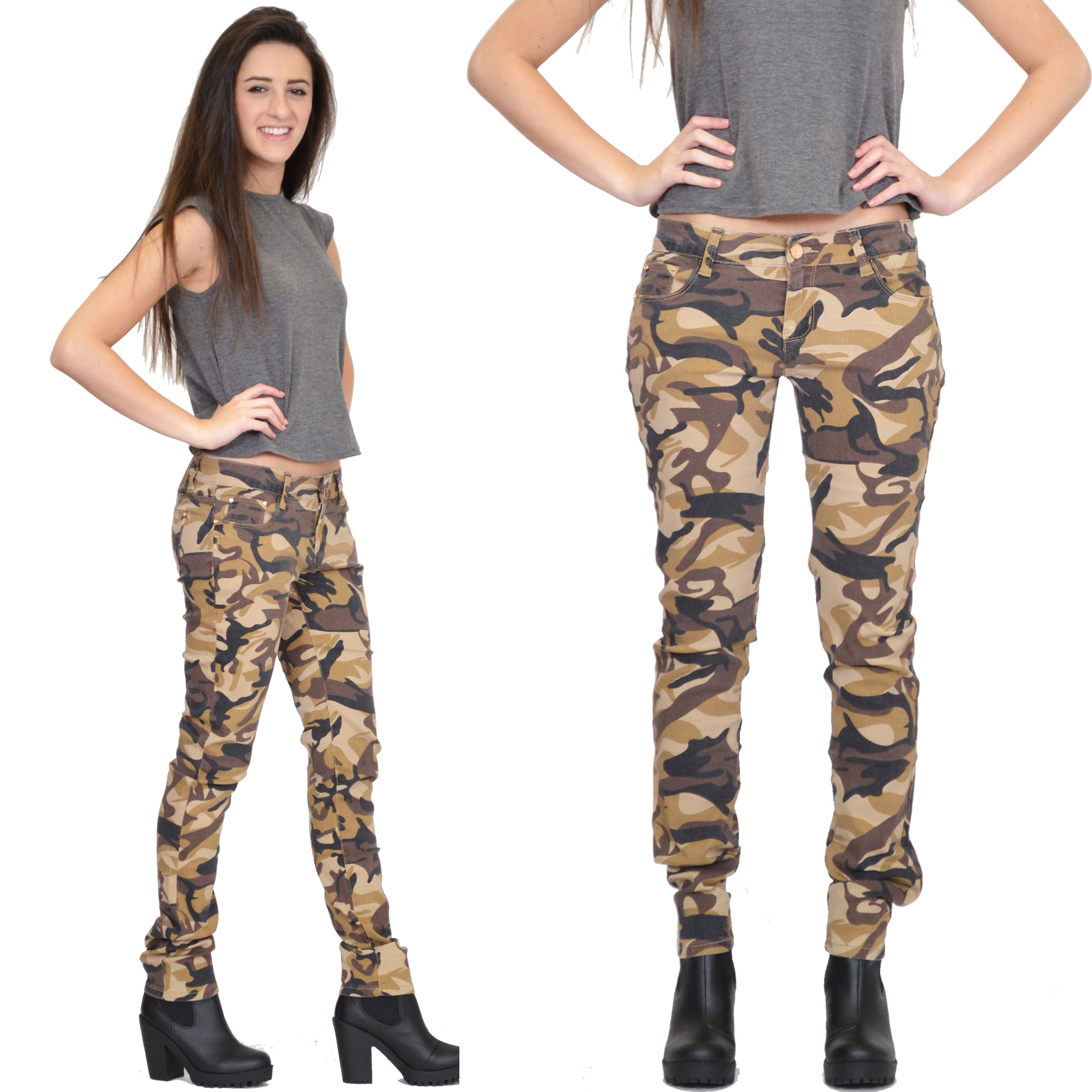 Womens Army Military Brown Camouflage Skinny Slim Jeans Fitted Pants ...