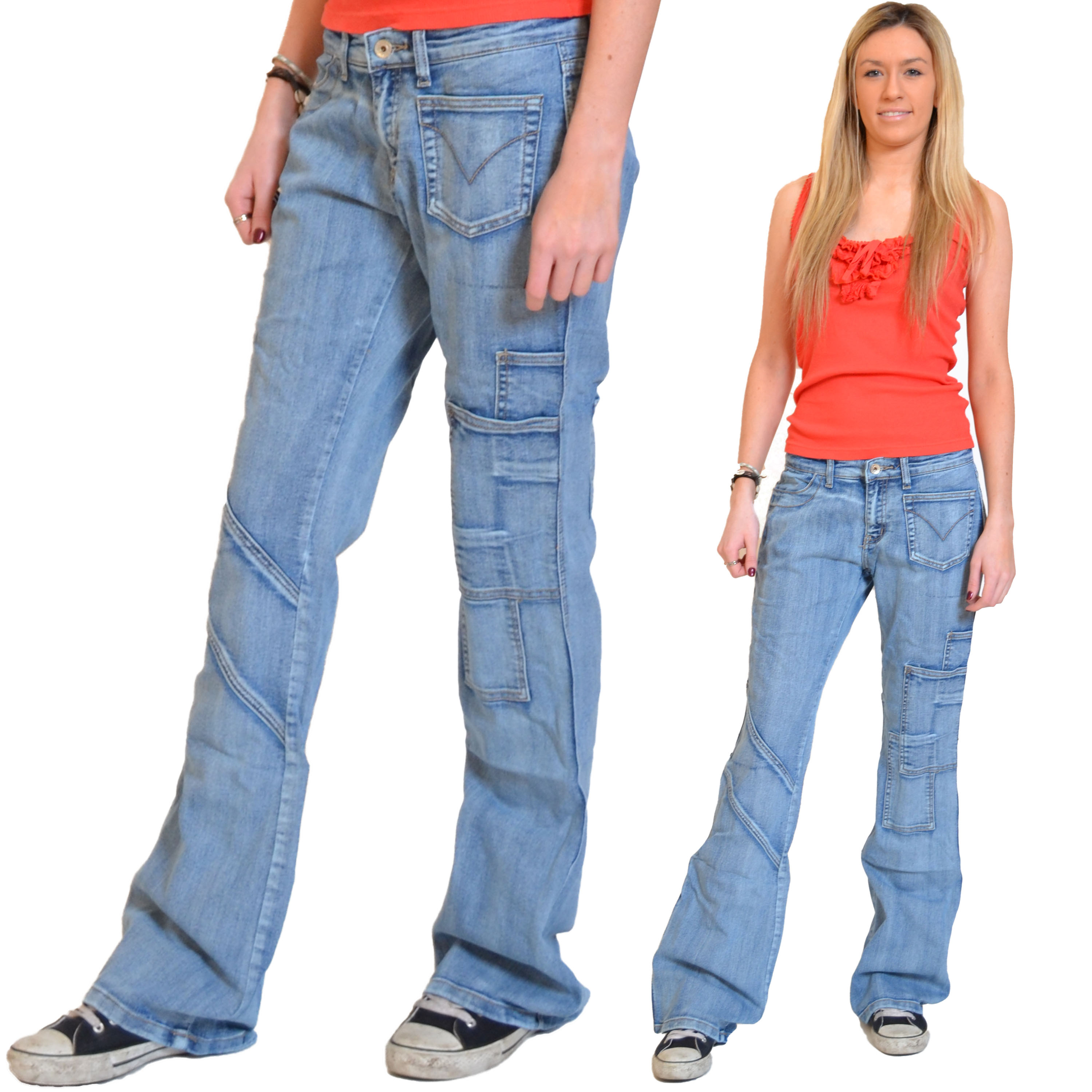 New Ladies Womens Light Blue Combat Jeans Cargo Wide Leg Boyfriend ...