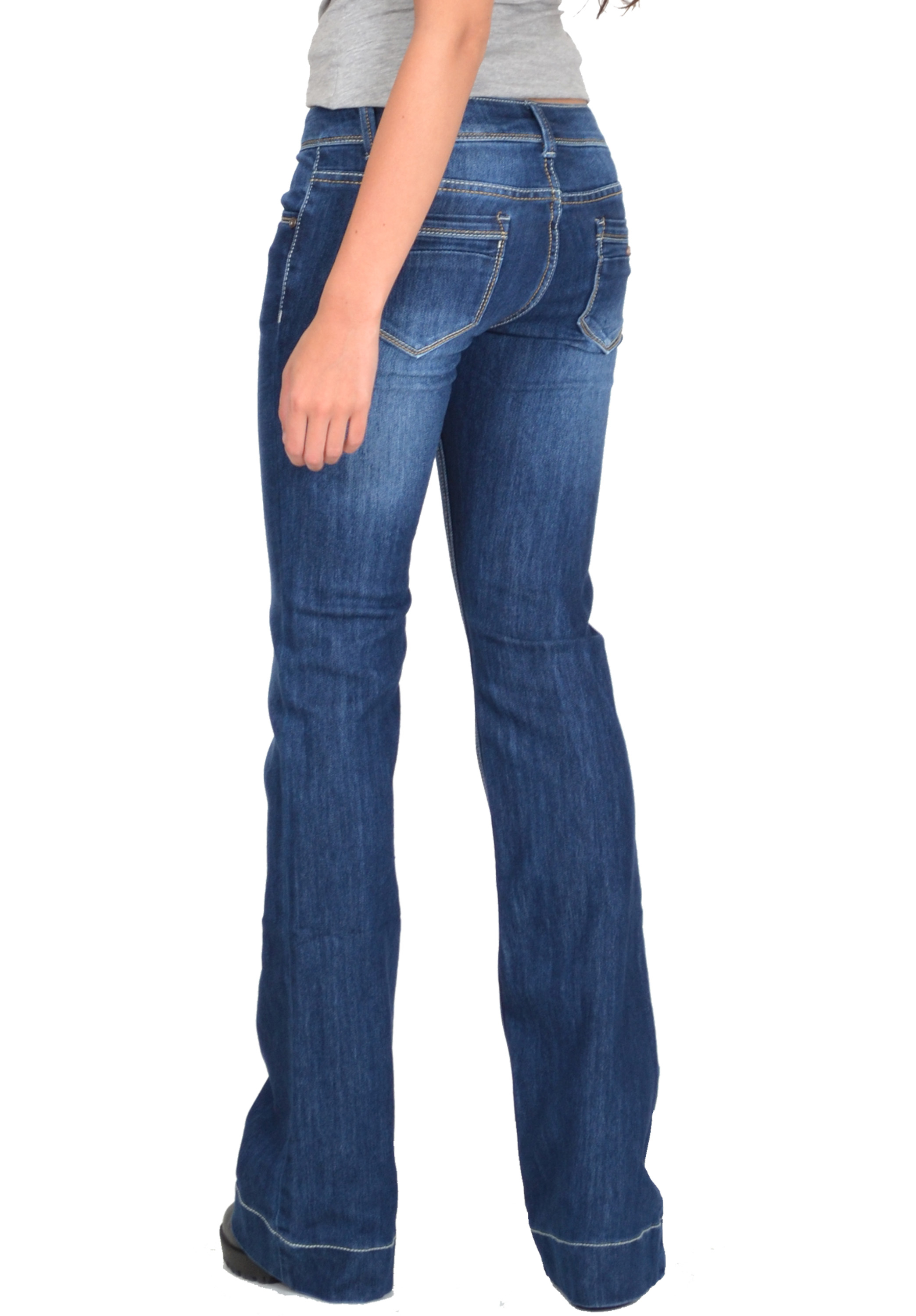 New Womens Low Rise Dark Blue Faded Bootcut Flared Stretch Jeans Denim ...