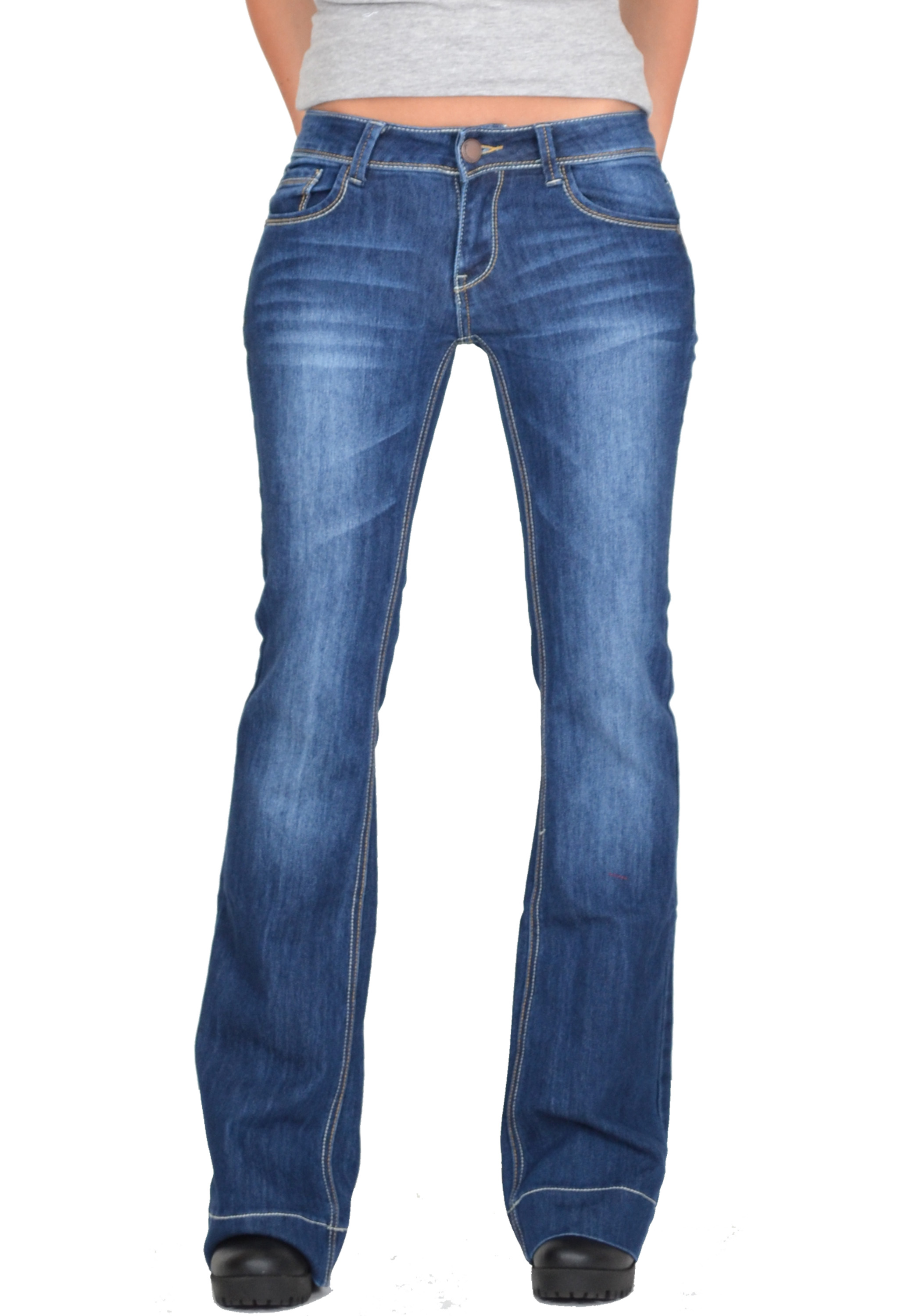 New Womens Low Rise Dark Blue Faded Bootcut Flared Stretch Jeans Denim ...