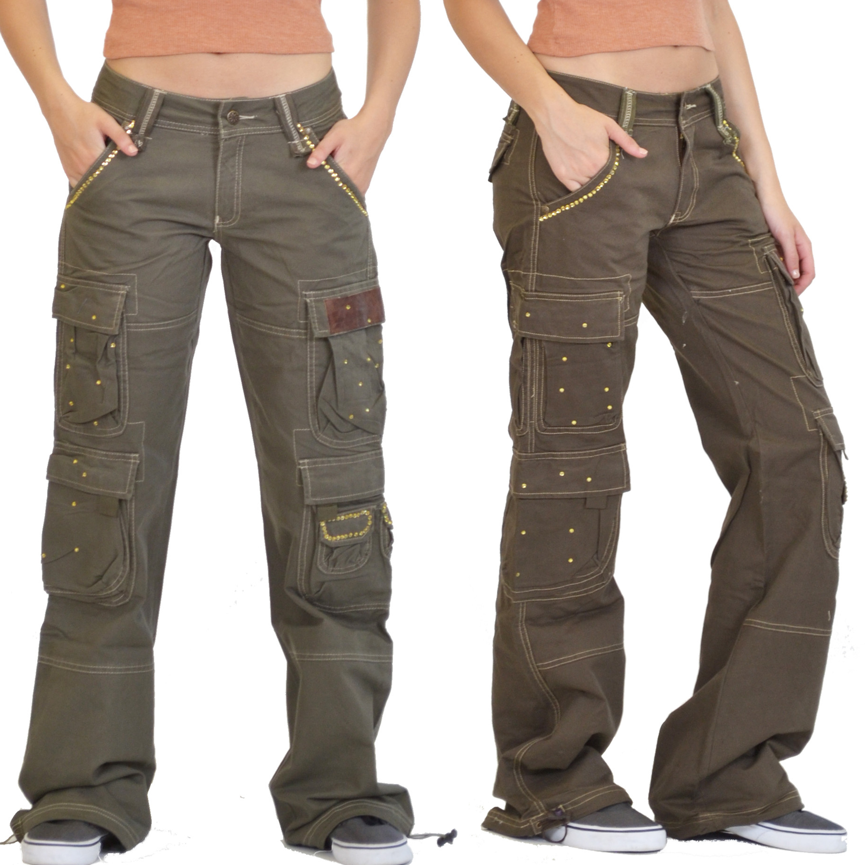 New Womens Ladies Khaki Green Brown Wide Leg Combat Trousers Cargo ...