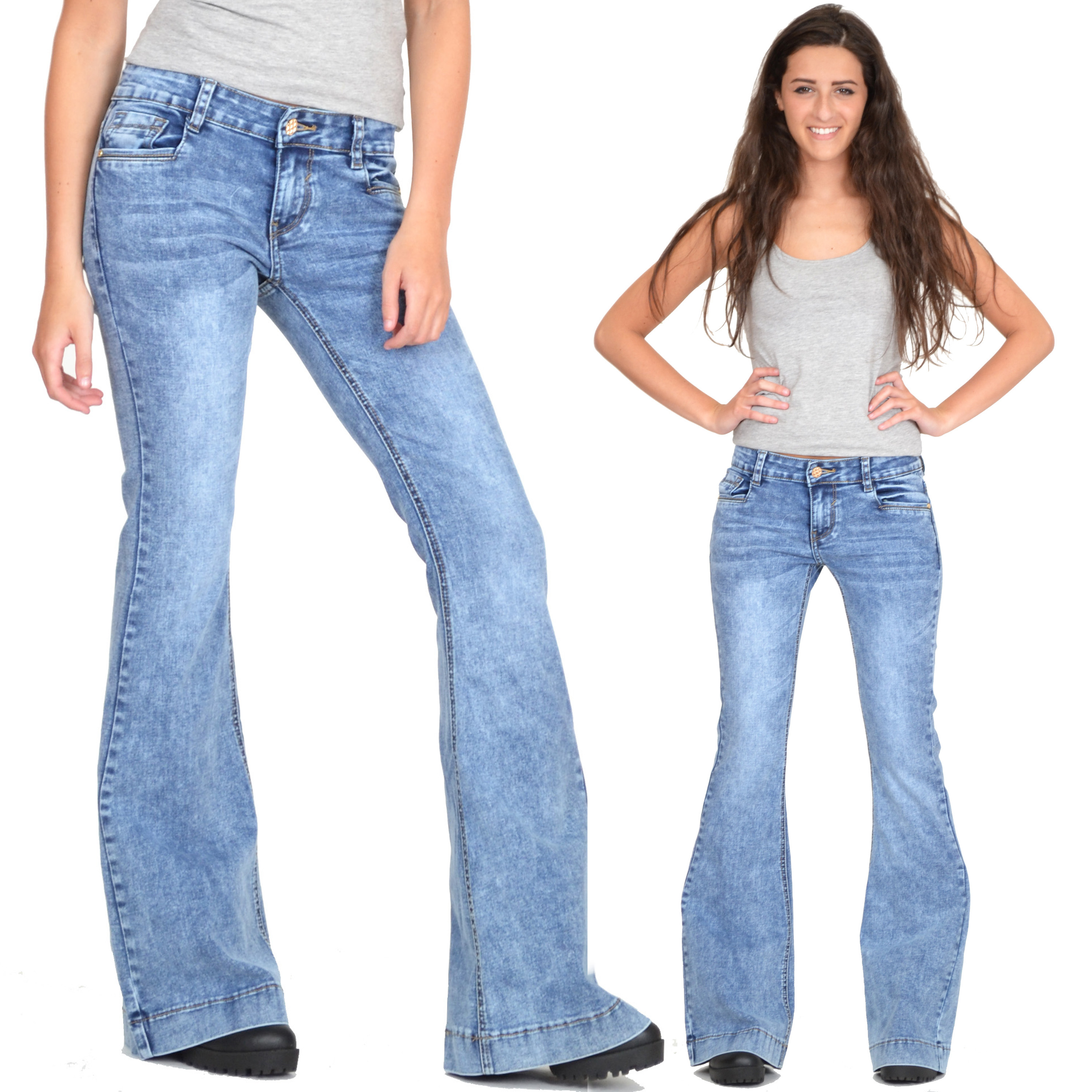 New Ladies Womens 60s 70s Blue Faded Bell Bottoms Denim Flares Wide ...