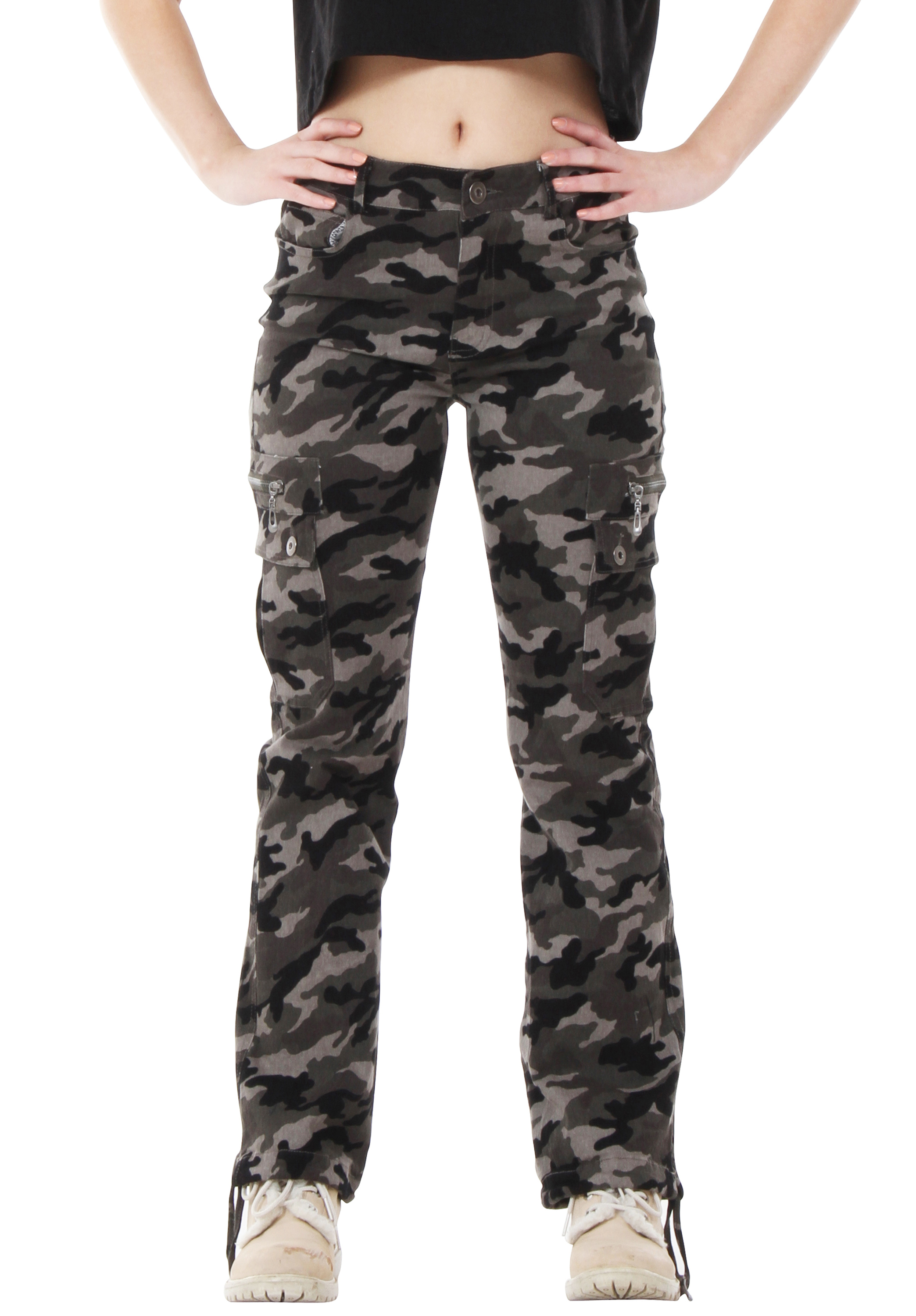 Womens Green Army Military Camouflage Wide Leg Cargo Pants Jeans Combat ...