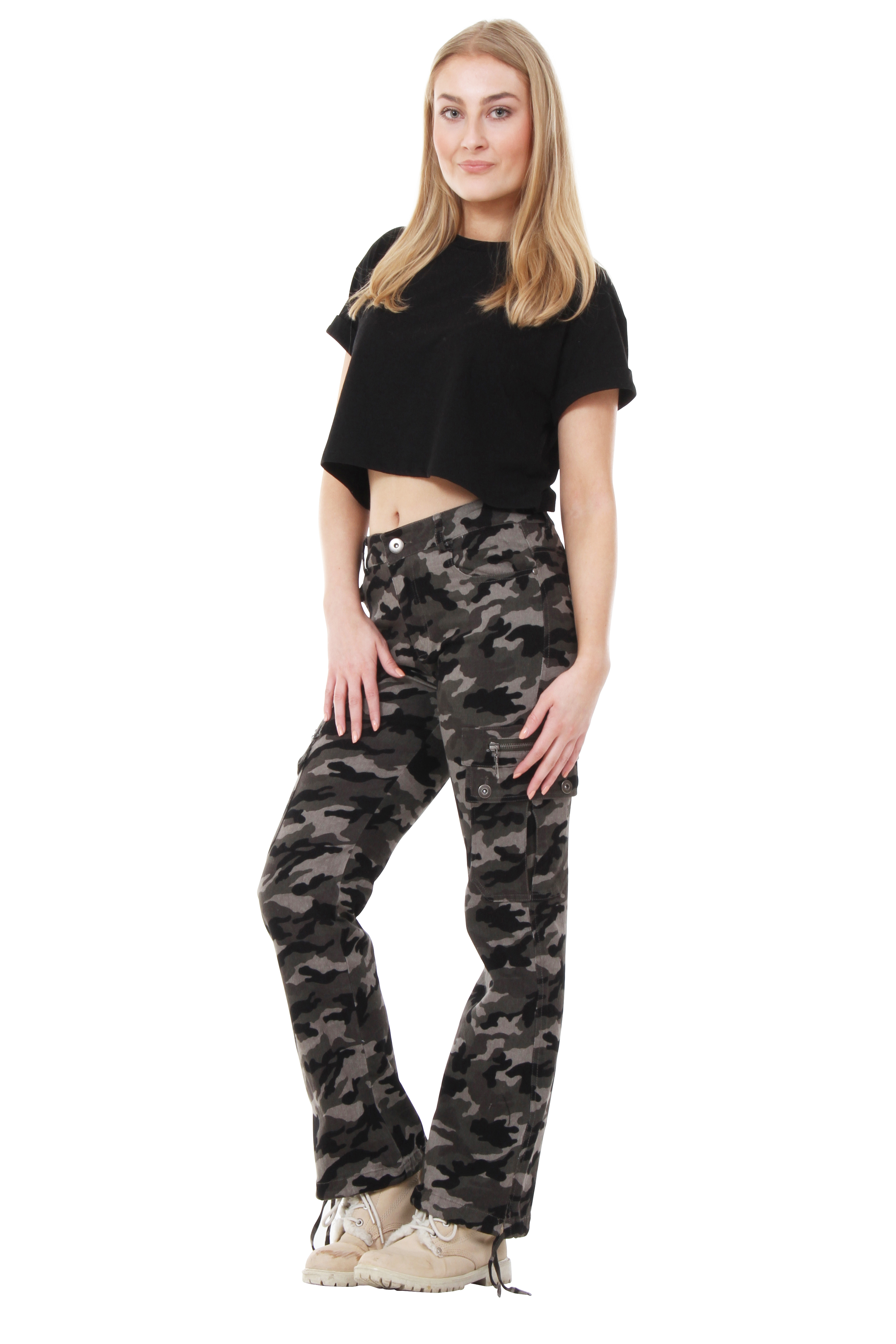 Womens Green Army Military Camouflage Wide Leg Cargo Pants Jeans Combat ...