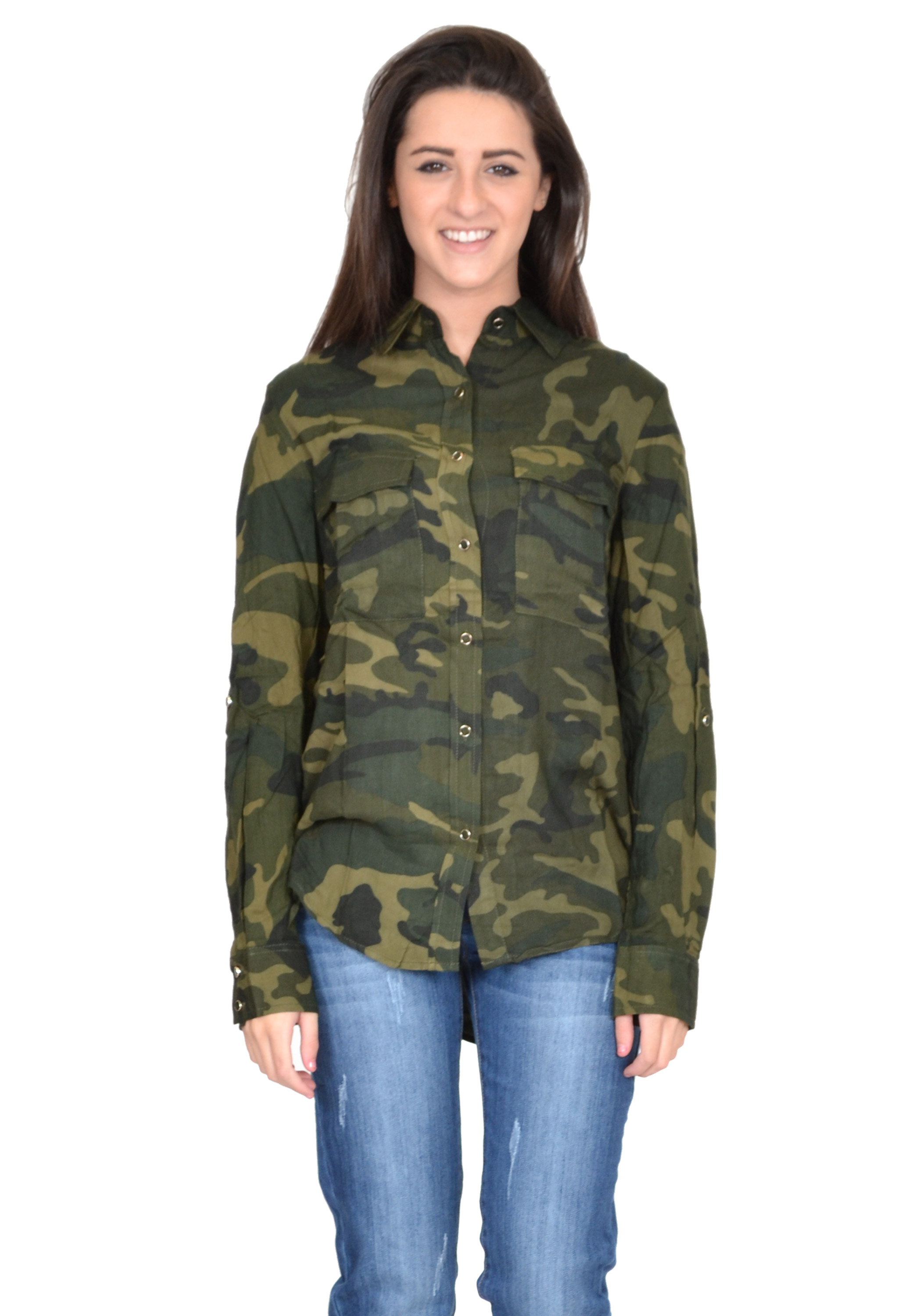 New Womens Army Military Green Camouflage Long Sleeve Baggy Shirt Loose ...