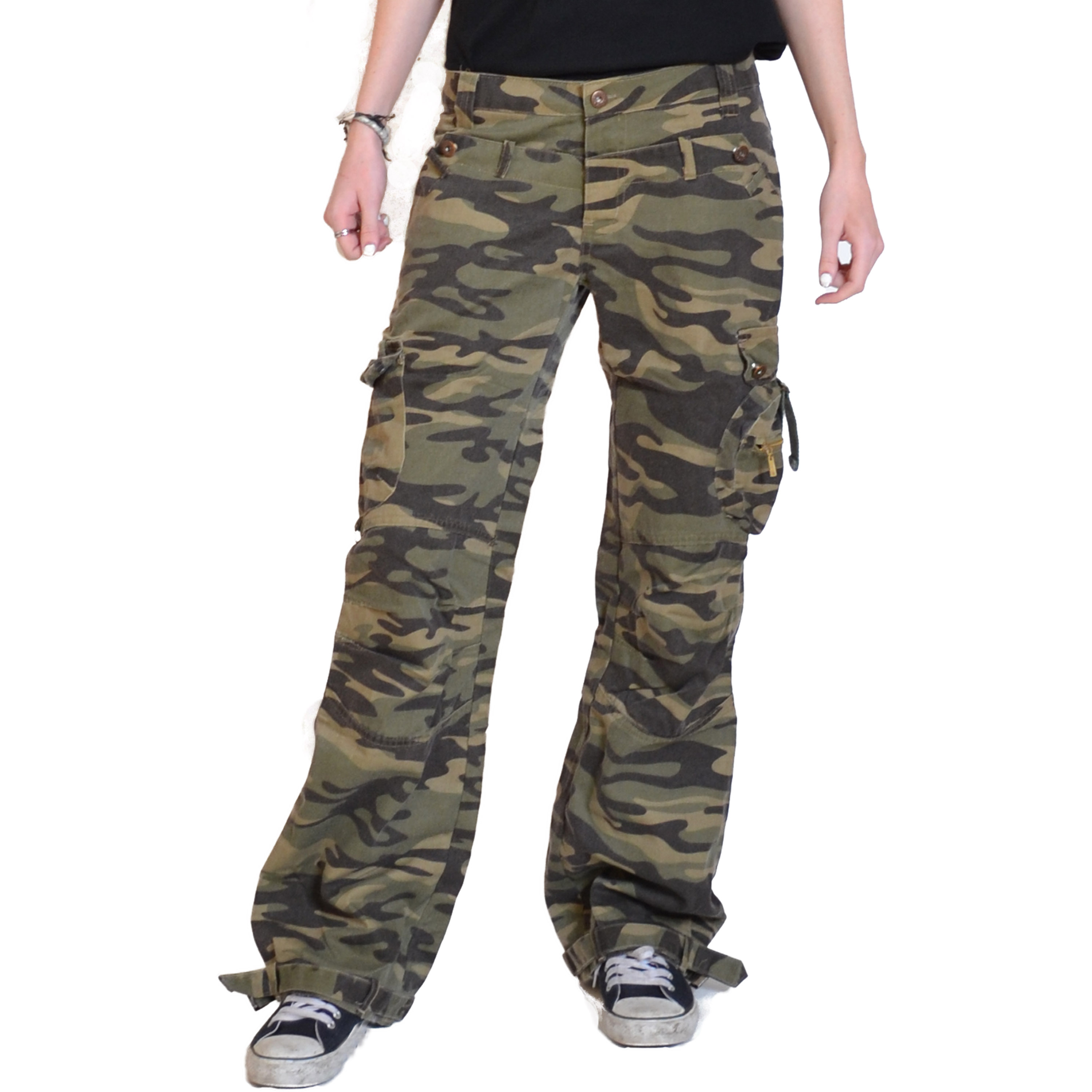 New Womens Army Green Military Camouflage Cargo Combat Pants Jeans Wide ...