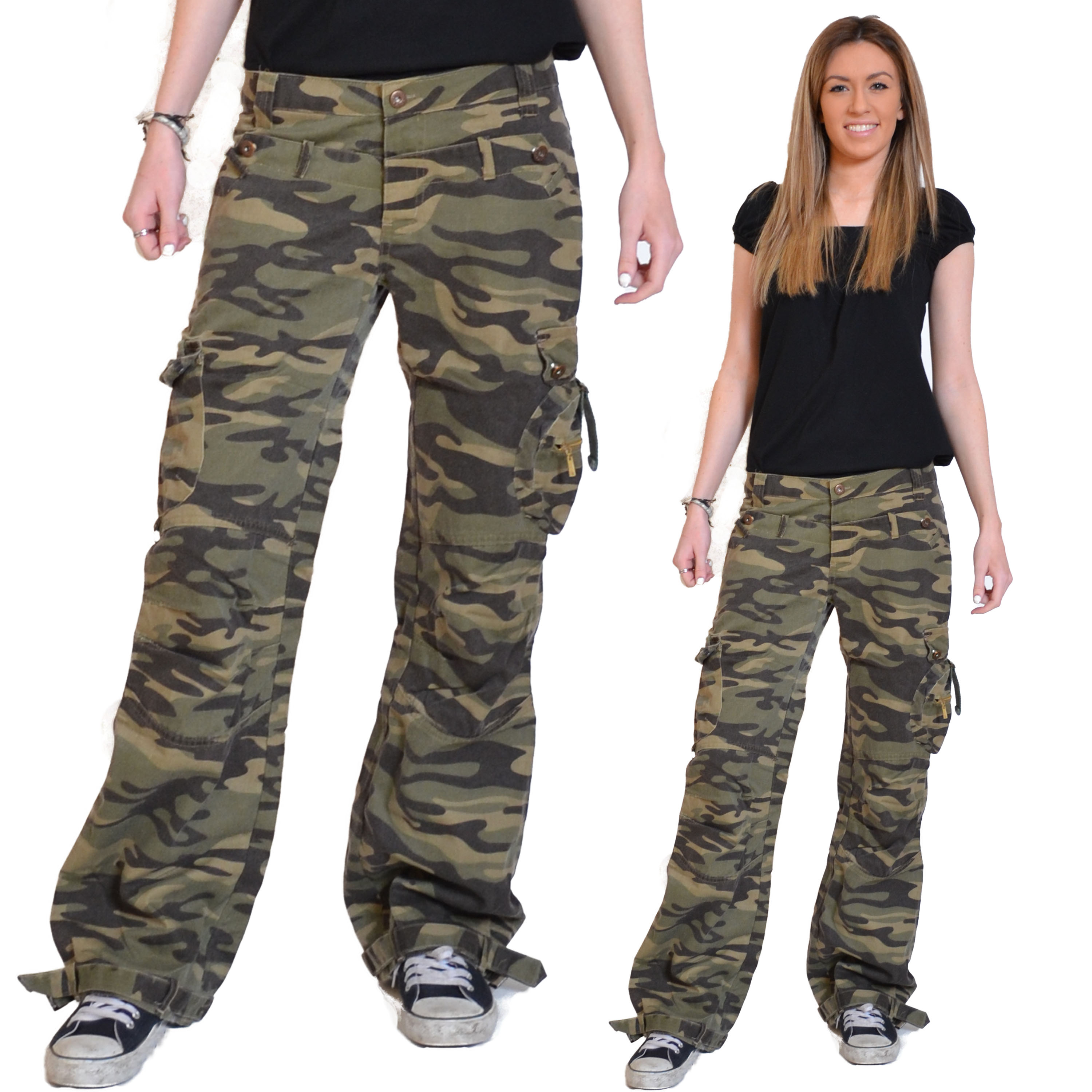 New Womens Army Green Military Camouflage Cargo Combat Pants Jeans Wide ...