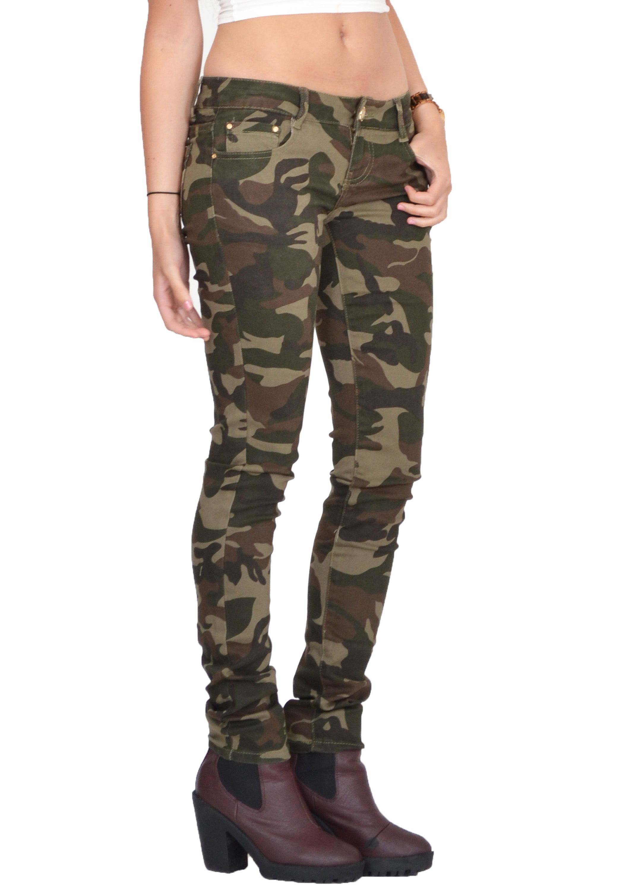 Womens Army Military Green Camouflage Skinny Slim Stretch Jeans Pants ...
