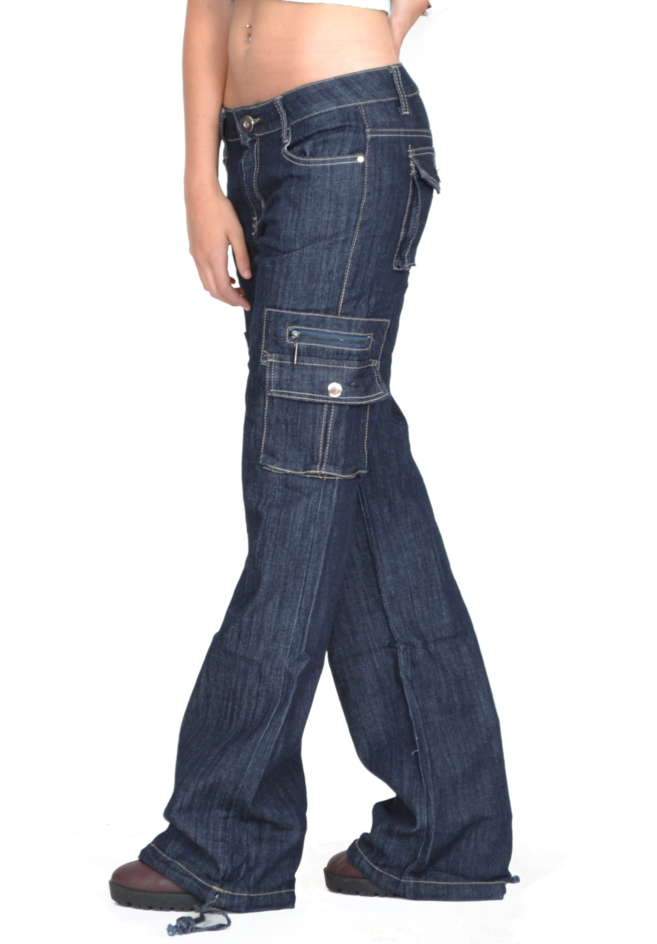 New Womens Ladies Dark Wash Wide Loose Denim Cargo Jeans Combat Pants ...