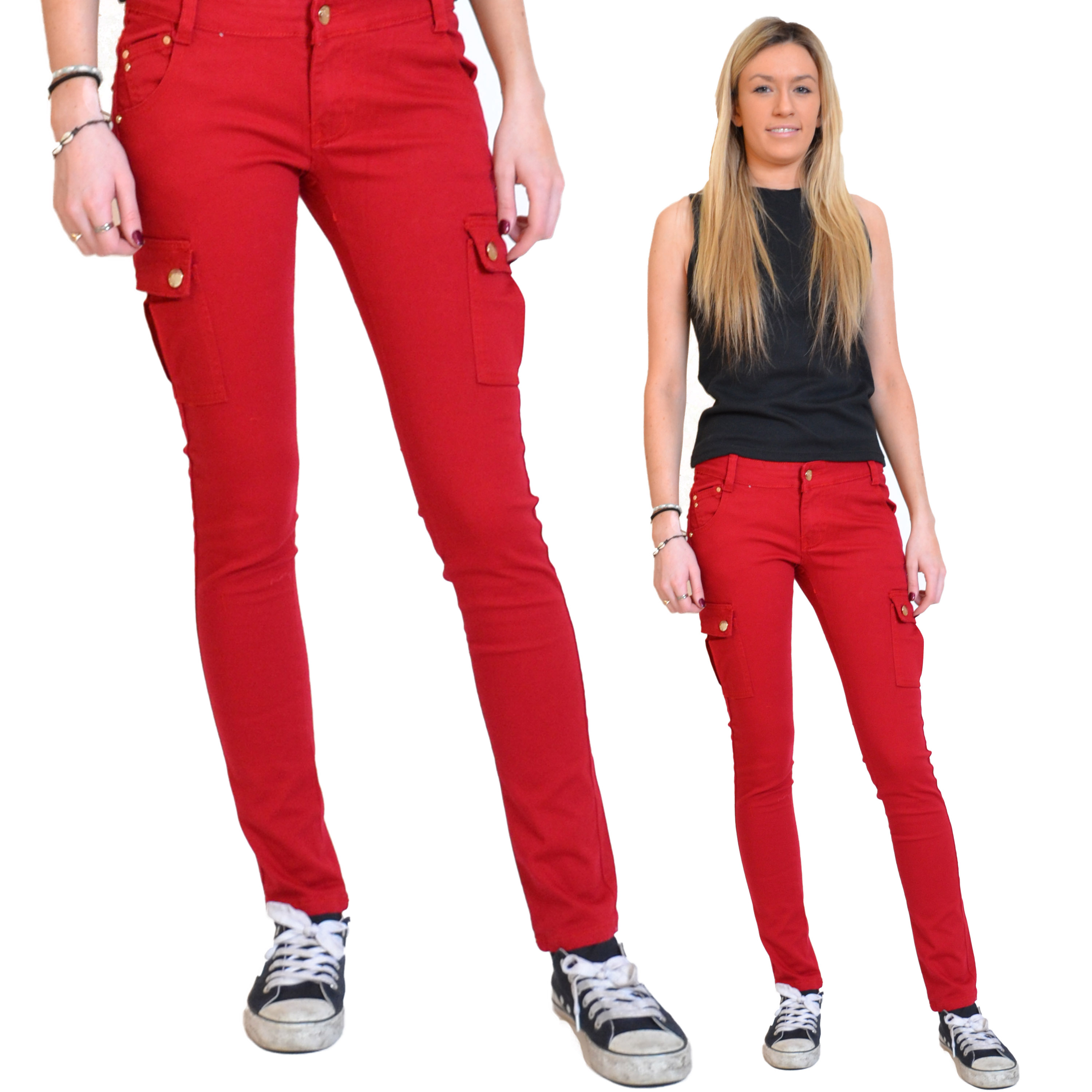 New Ladies Womens Red Slim Skinny Fitted Combat Jeans Trousers Cargo ...