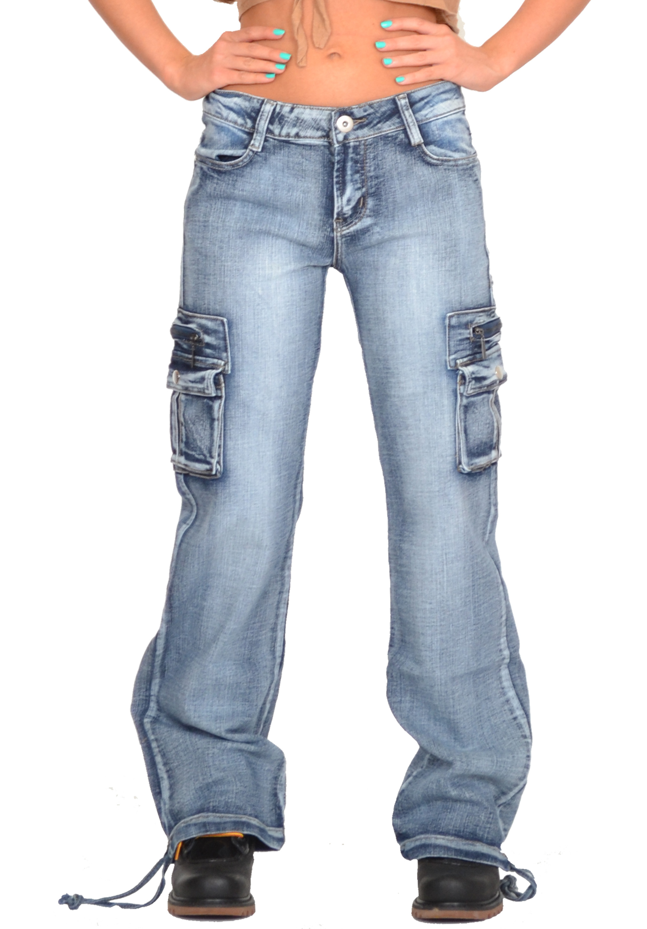 New Womens Ladies Blue Loose Faded Wide Denim Cargo Jeans Combat Pants ...