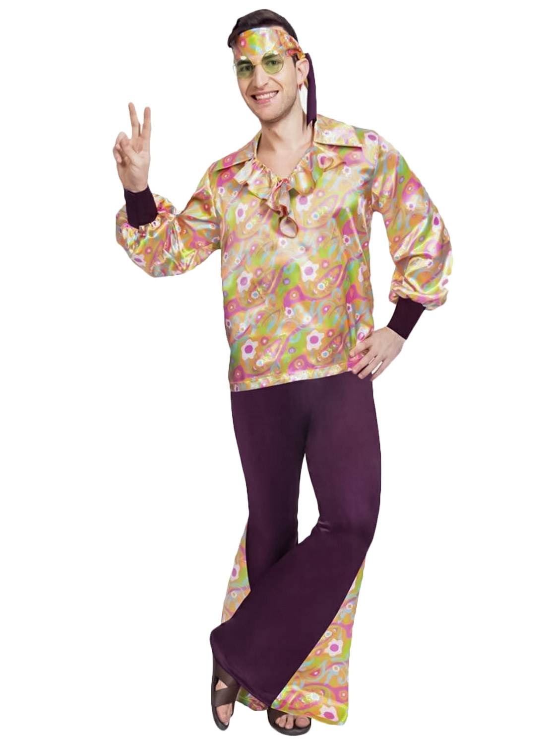 Mens 60s Hippie Shirt 70s Fancy Dress Costume Flower Summer of Love S M L XL XXL 