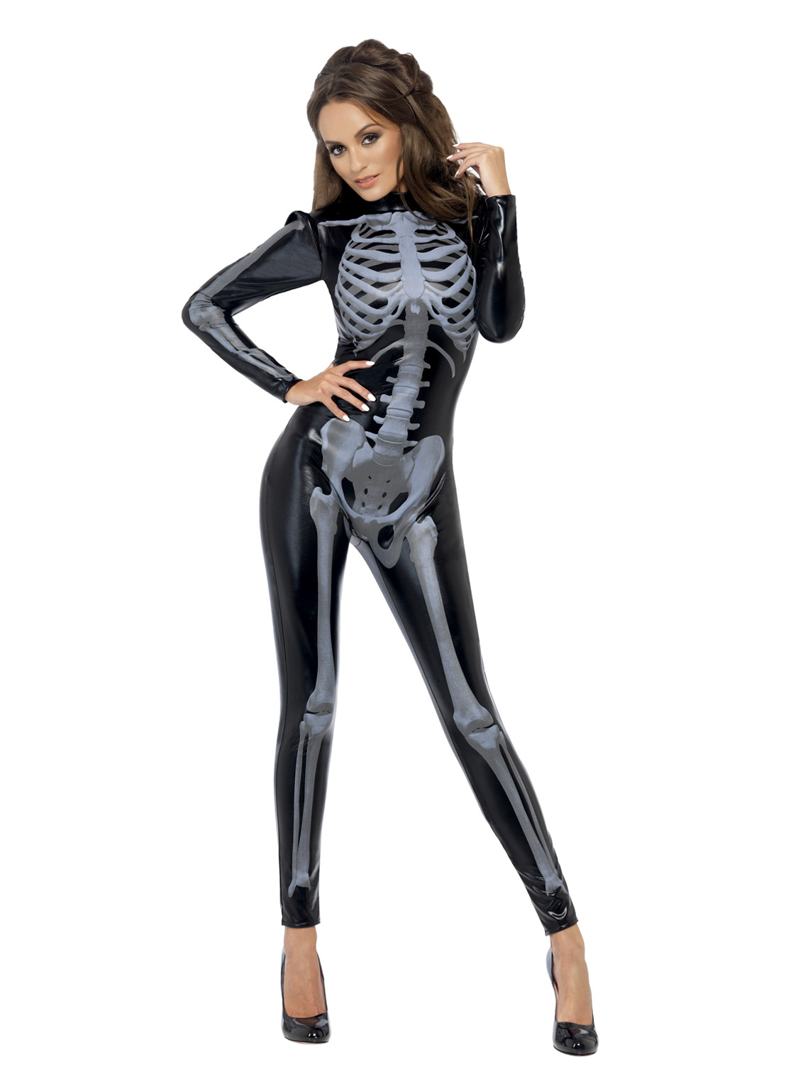 Ladies Skeleton Catsuit Costume Fever Sexy Womens Halloween Fancy Dress 
