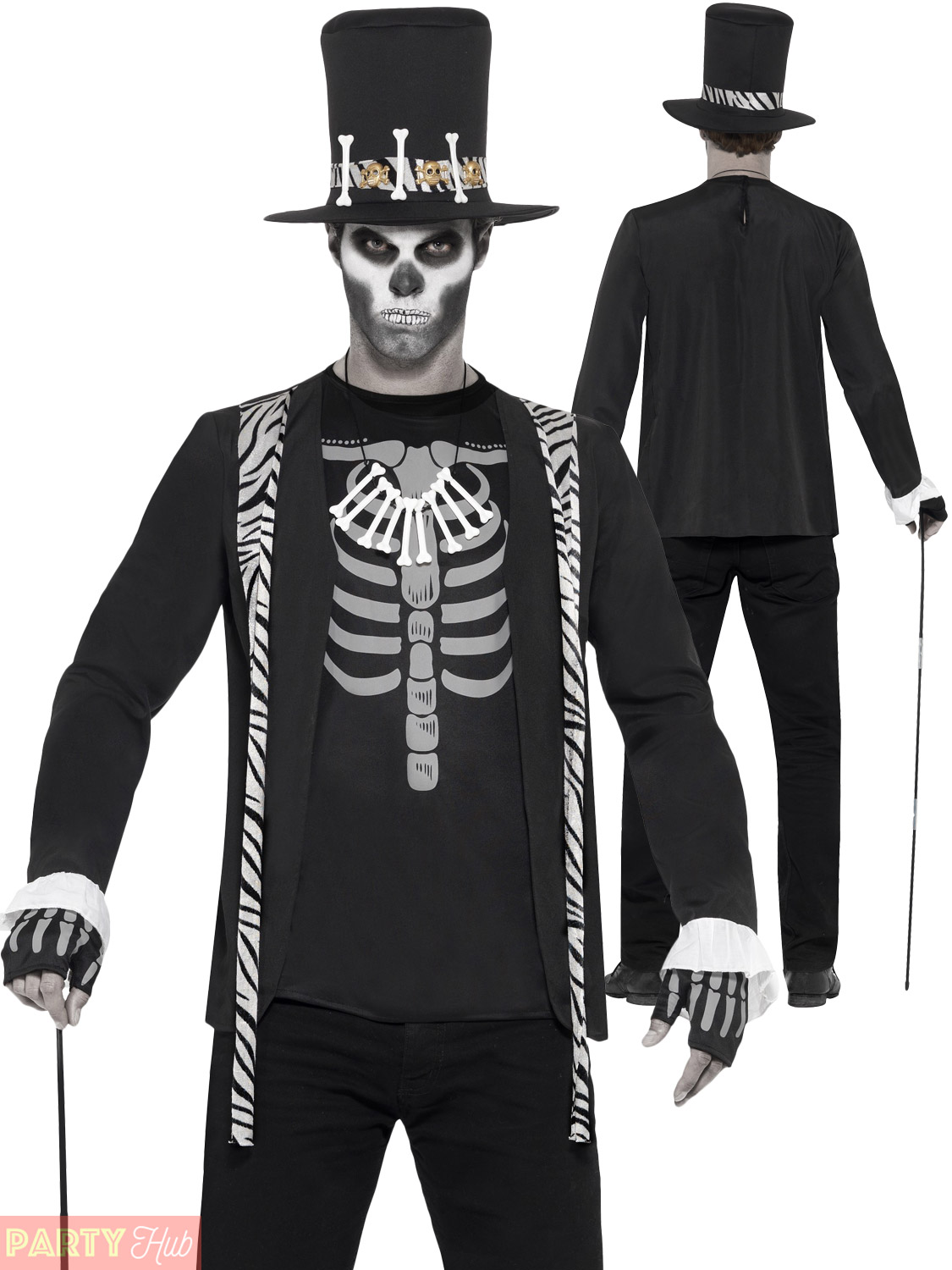 Mens Black Voodoo Skeleton King Witch Doctor Halloween Fancy Dress Costume