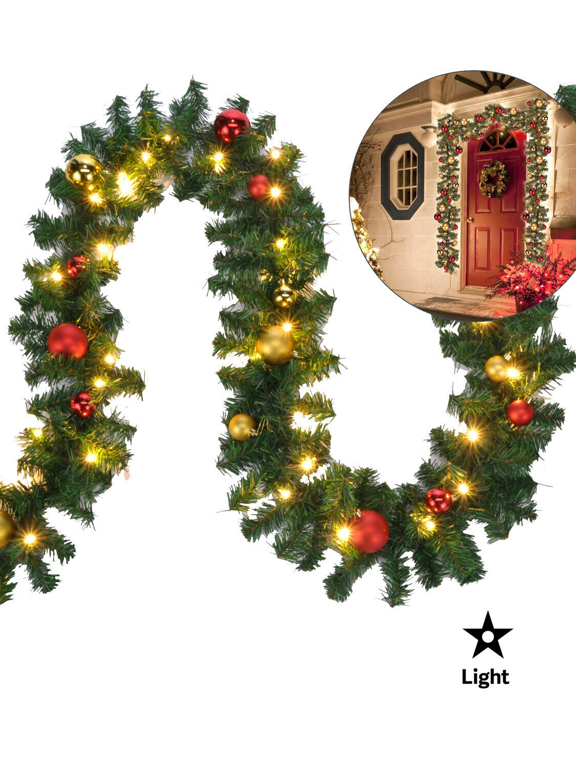 2.7m + 5m Pre Lit Christmas Garland Decoration Baubles With LED Lights ...