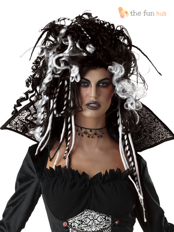 Ведьма вдова. Парик черной вдовы. Вэндэ черное платье и парик. Deluxe Gothic. Белый парик готической леди.