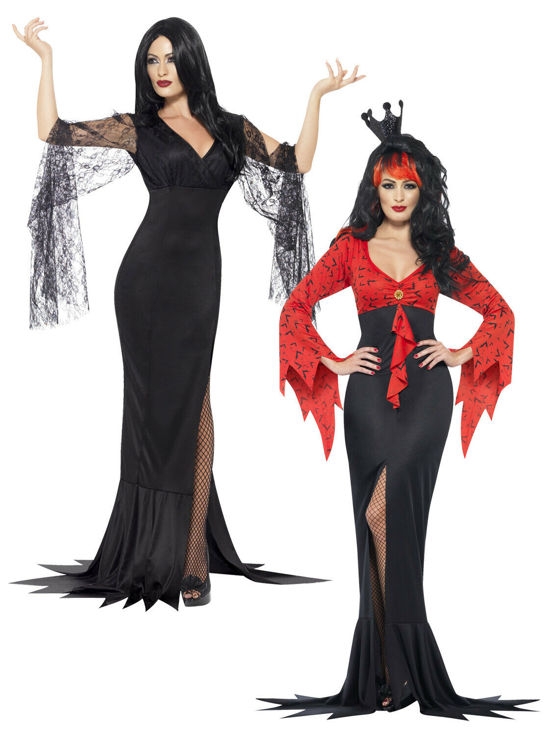 Ladies Morticia Vampire Costume Womens Halloween Long Witch Fancy Dress