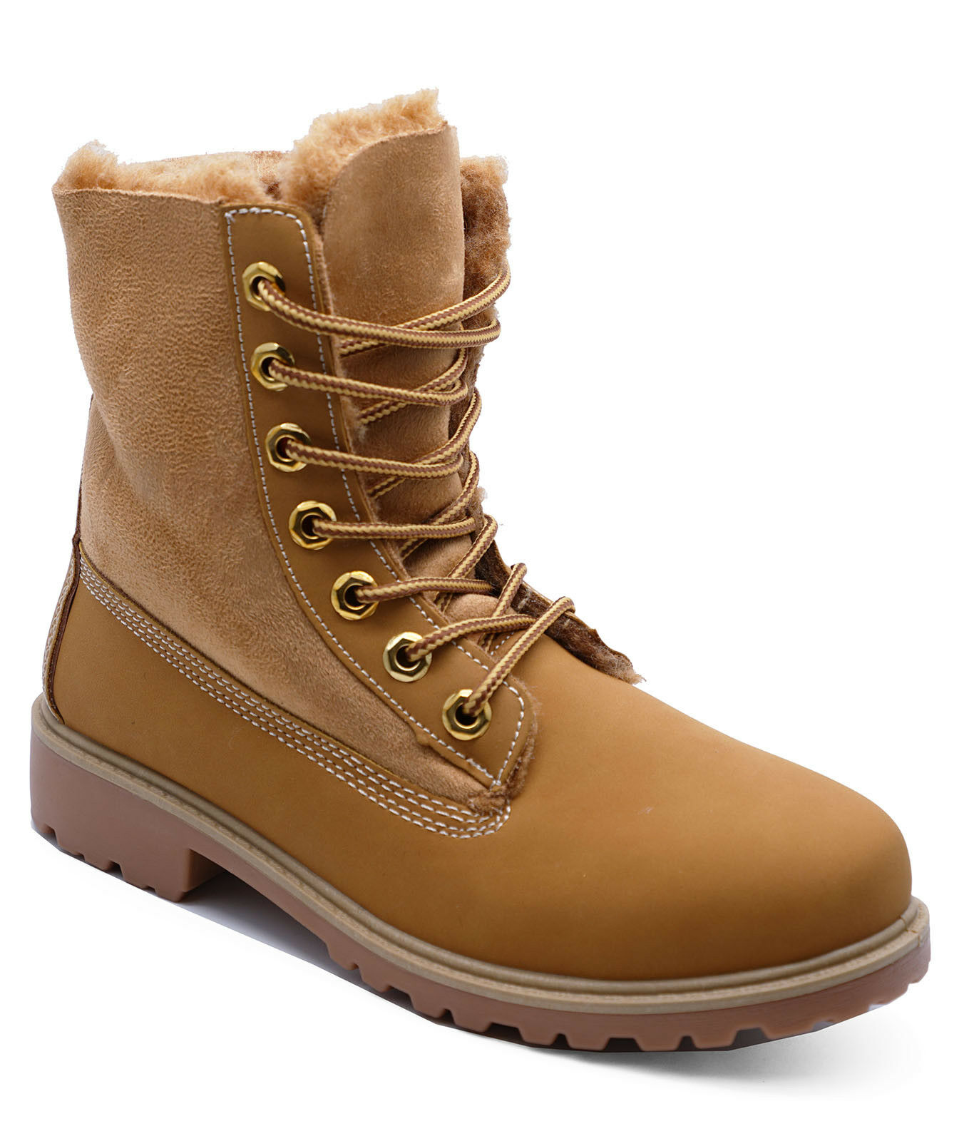 WOMENS TAN LACE-UP HIKING WALKING WARM WINTER ANKLE CALF BOOT SHOES UK 3-8