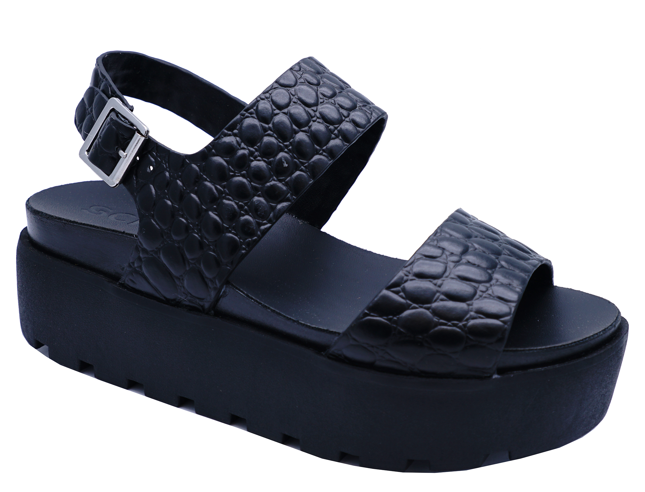 LADIES BLACK LEATHER PLATFORM CHUNKY OPEN-TOE SANDALS ...