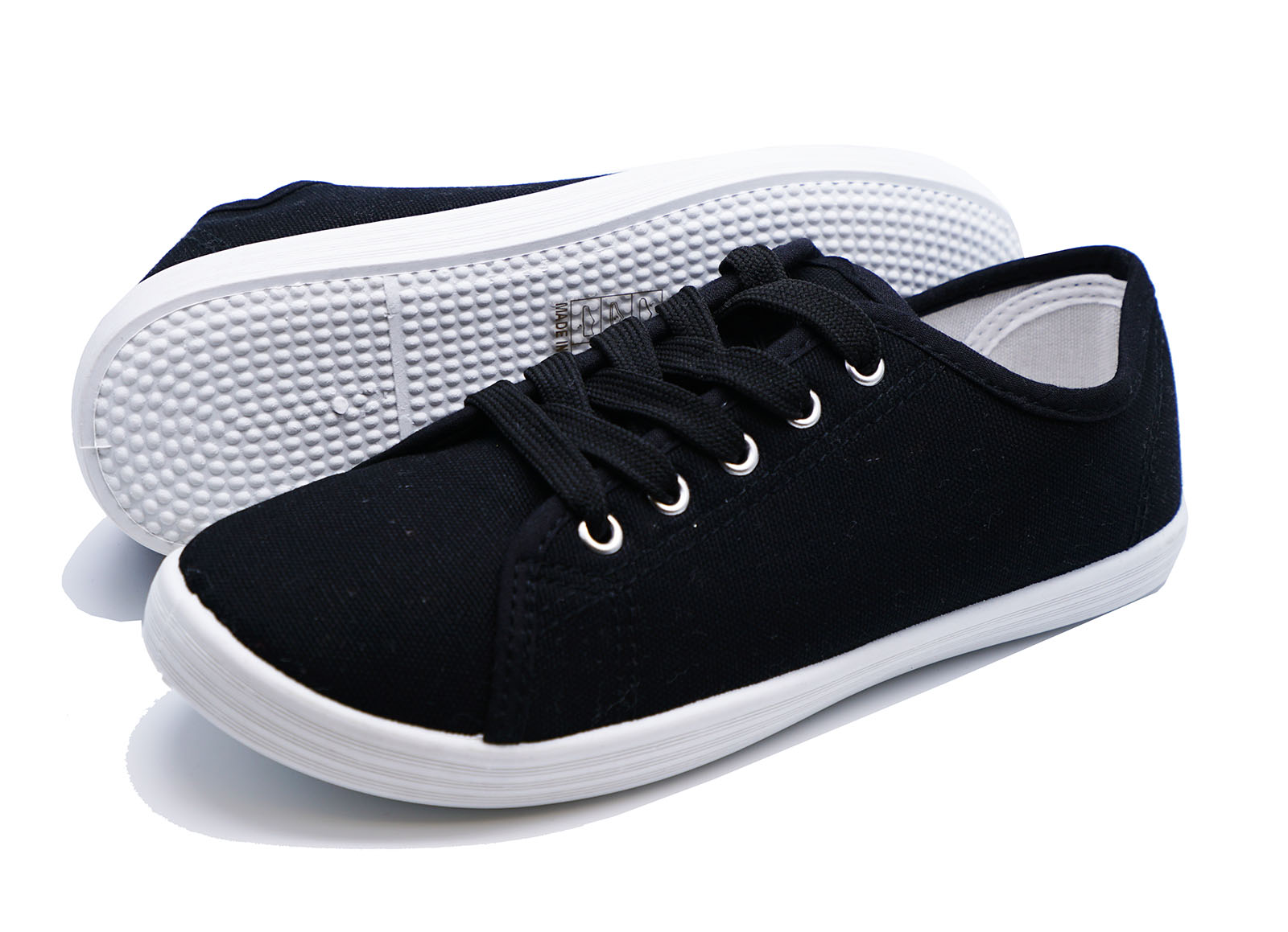 LADIES BLACK LACE-UP CANVAS FLAT TRAINER PLIMSOLL PUMPS CASUAL SHOES ...