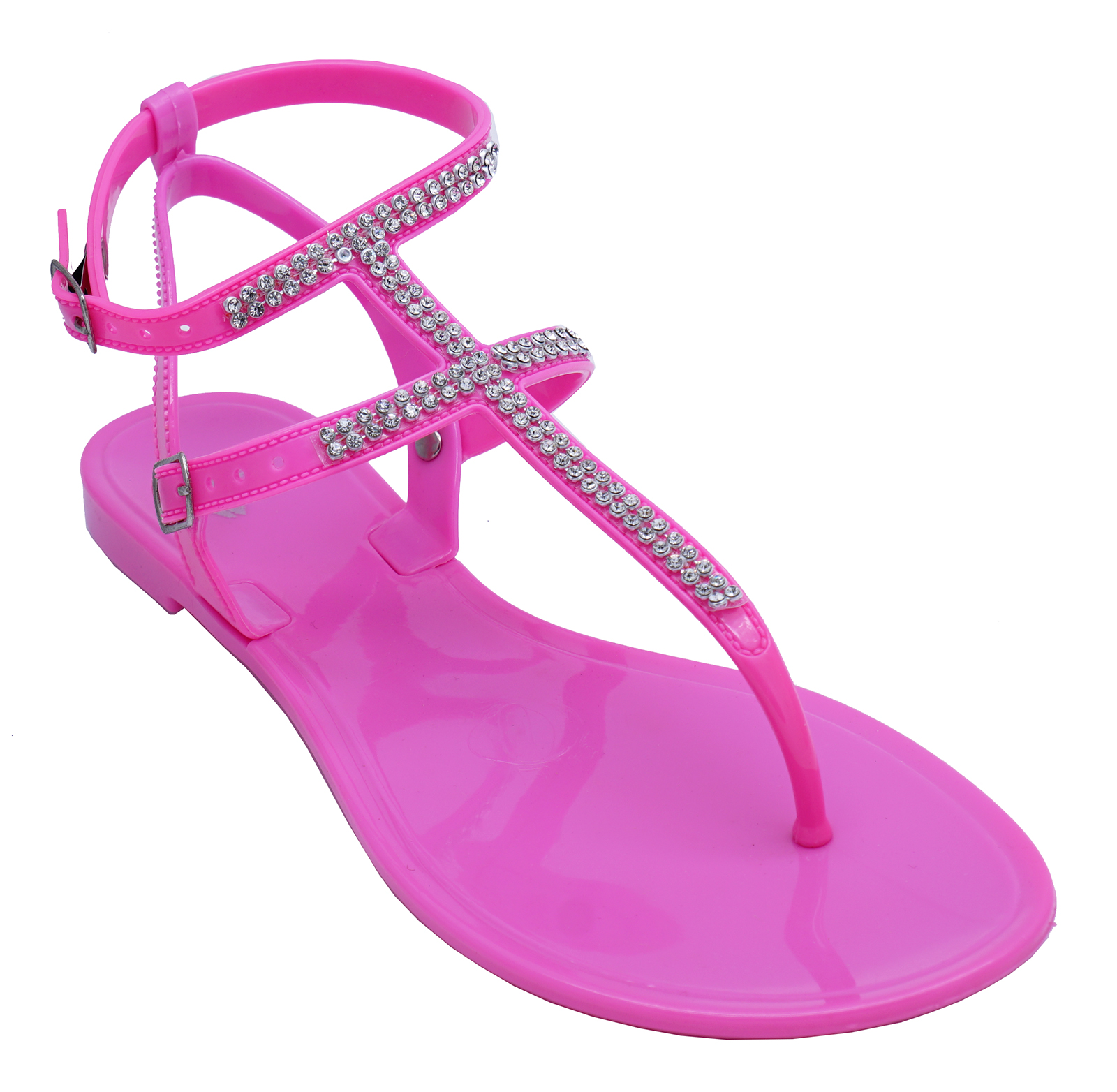 LADIES PINK TBAR FLAT DIAMANTE FLIPFLOP GLADIATOR JELLY